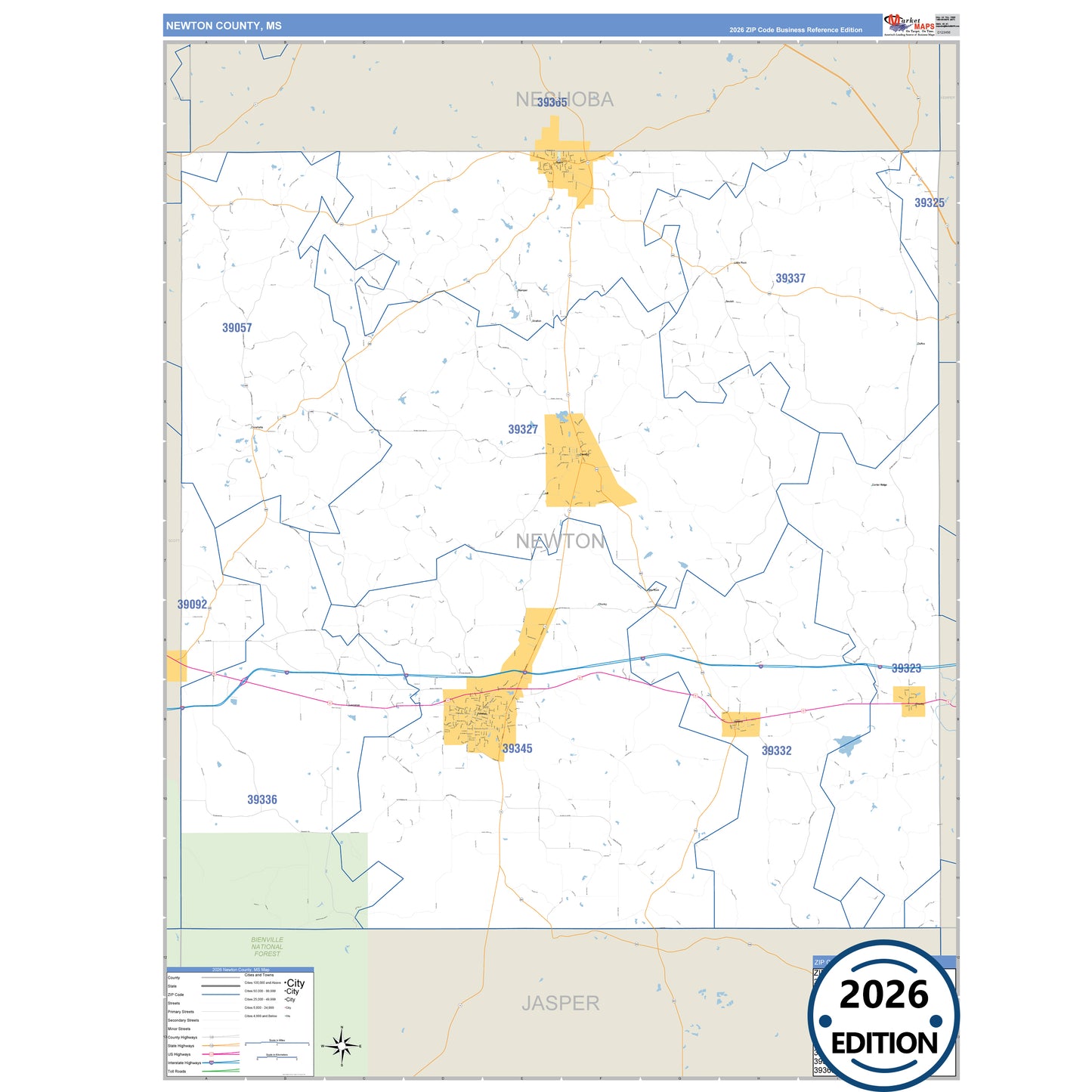 Newton County, MS Business Reference 5 Digit ZIP Code Wall Map
