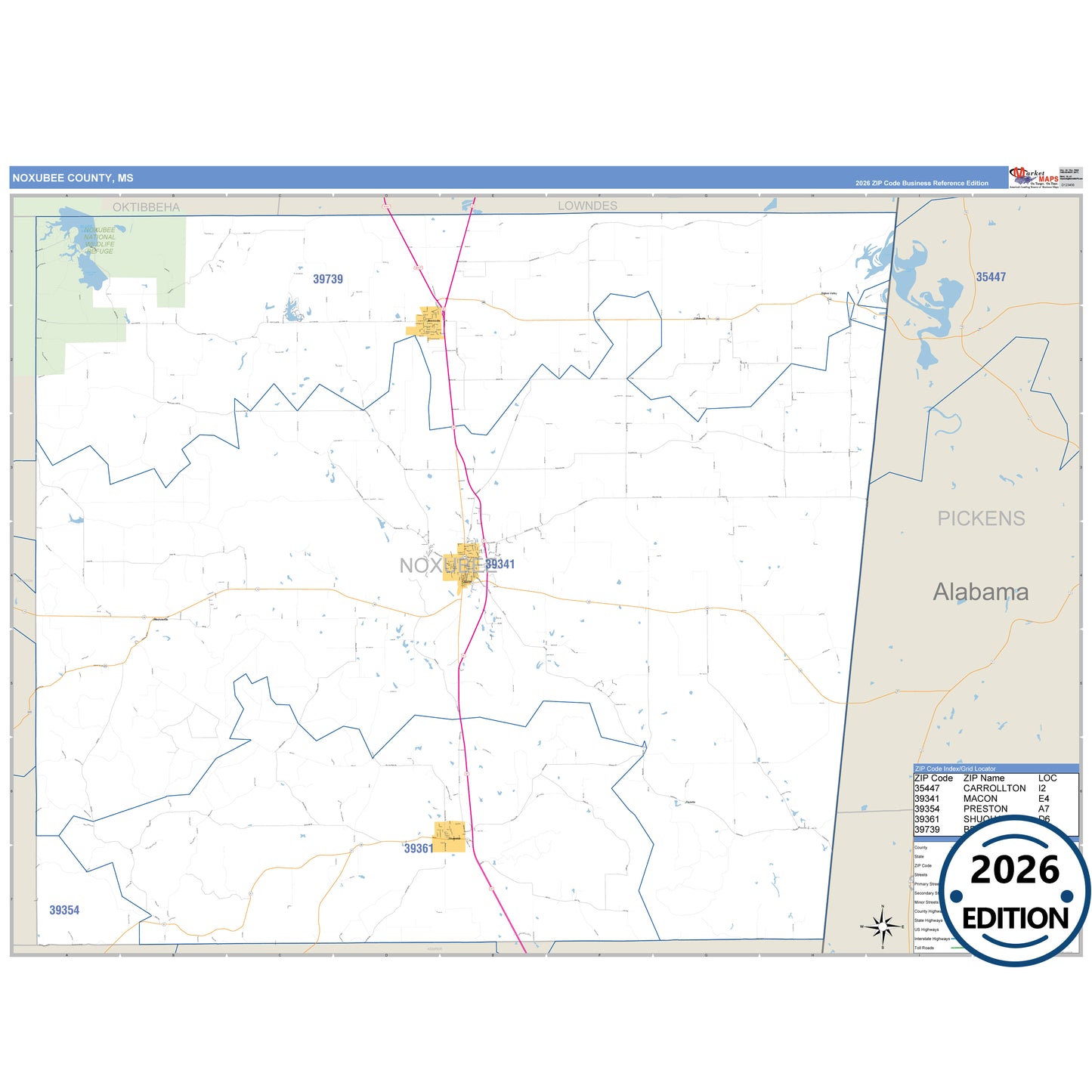 Noxubee County, MS Business Reference 5 Digit ZIP Code Wall Map