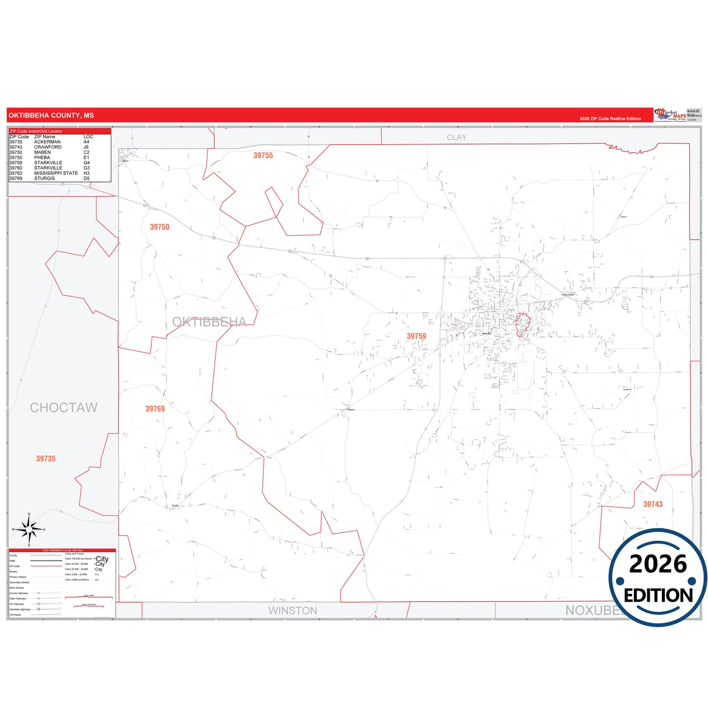 Oktibbeha County, MS Red Line 5 Digit ZIP Code Wall Map