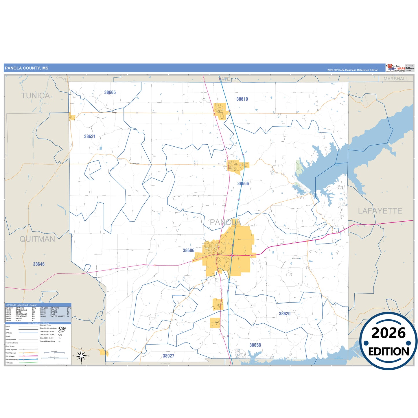 Panola County, MS Business Reference 5 Digit ZIP Code Wall Map