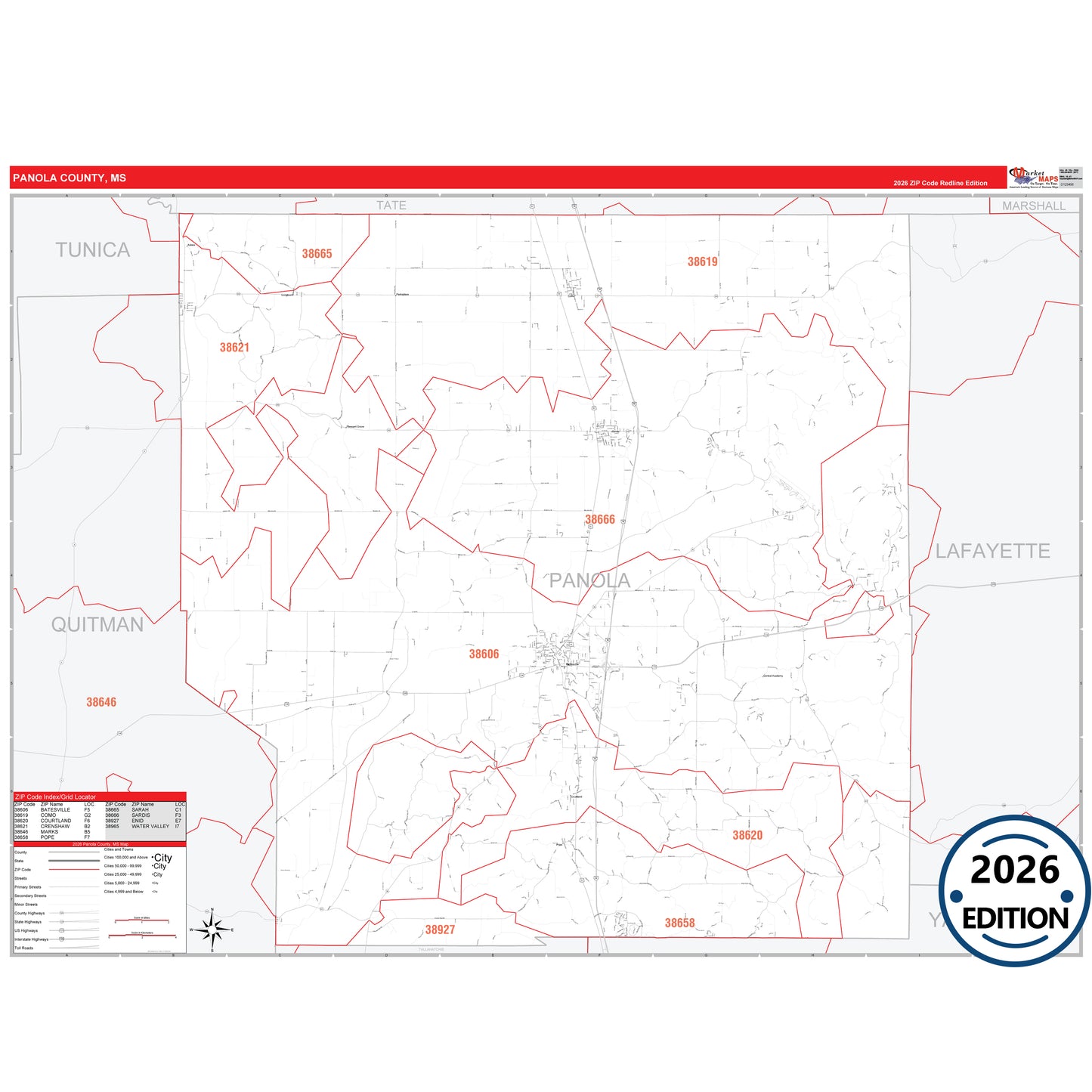 Panola County, MS Red Line 5 Digit ZIP Code Wall Map