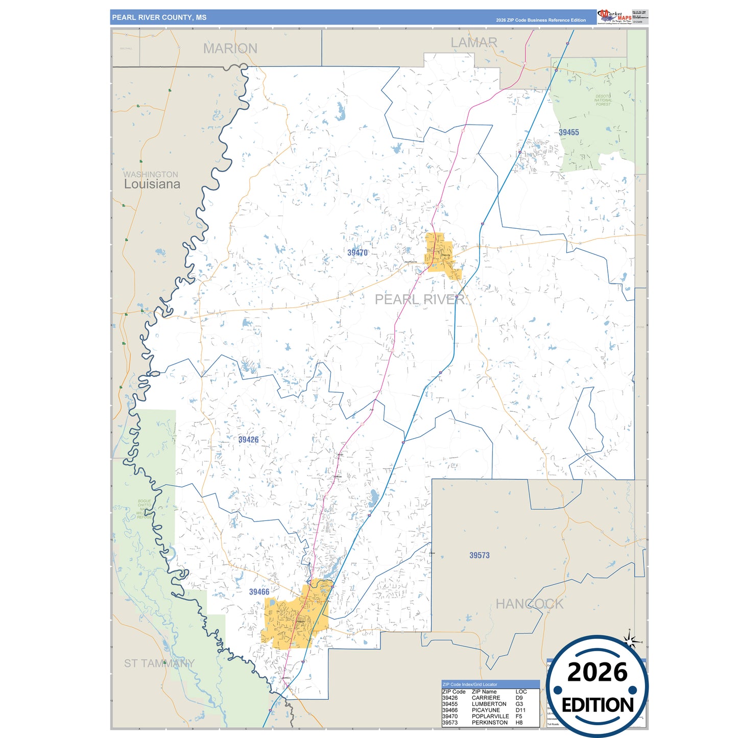 Pearl River County, MS Business Reference 5 Digit ZIP Code Wall Map