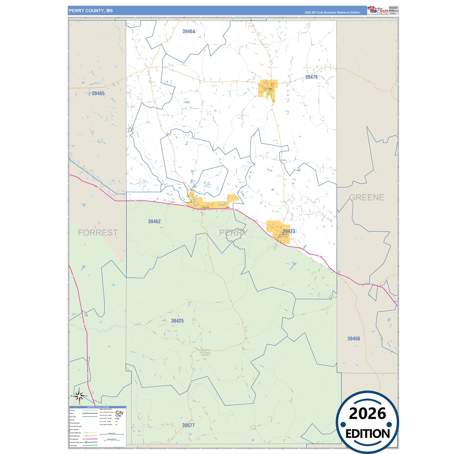 Perry County, MS Business Reference 5 Digit ZIP Code Wall Map