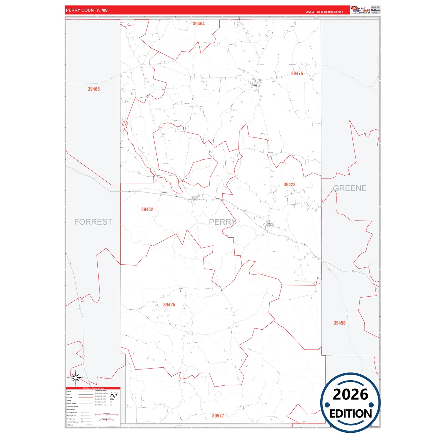 Perry County, MS Red Line 5 Digit ZIP Code Wall Map