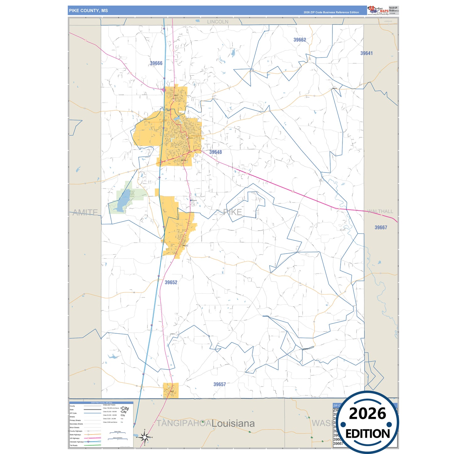 Pike County, MS Business Reference 5 Digit ZIP Code Wall Map
