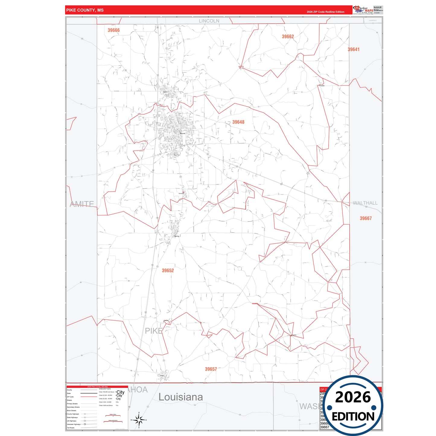 Pike County, MS Red Line 5 Digit ZIP Code Wall Map