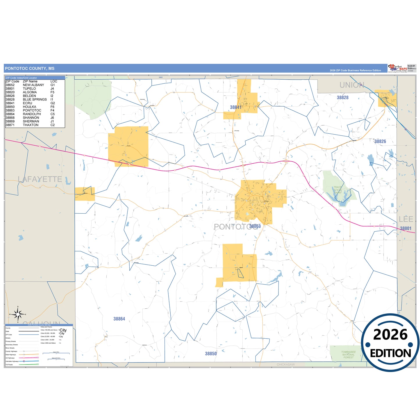 Pontotoc County, MS Business Reference map with detailed roads, cities, and ZIP code boundaries.