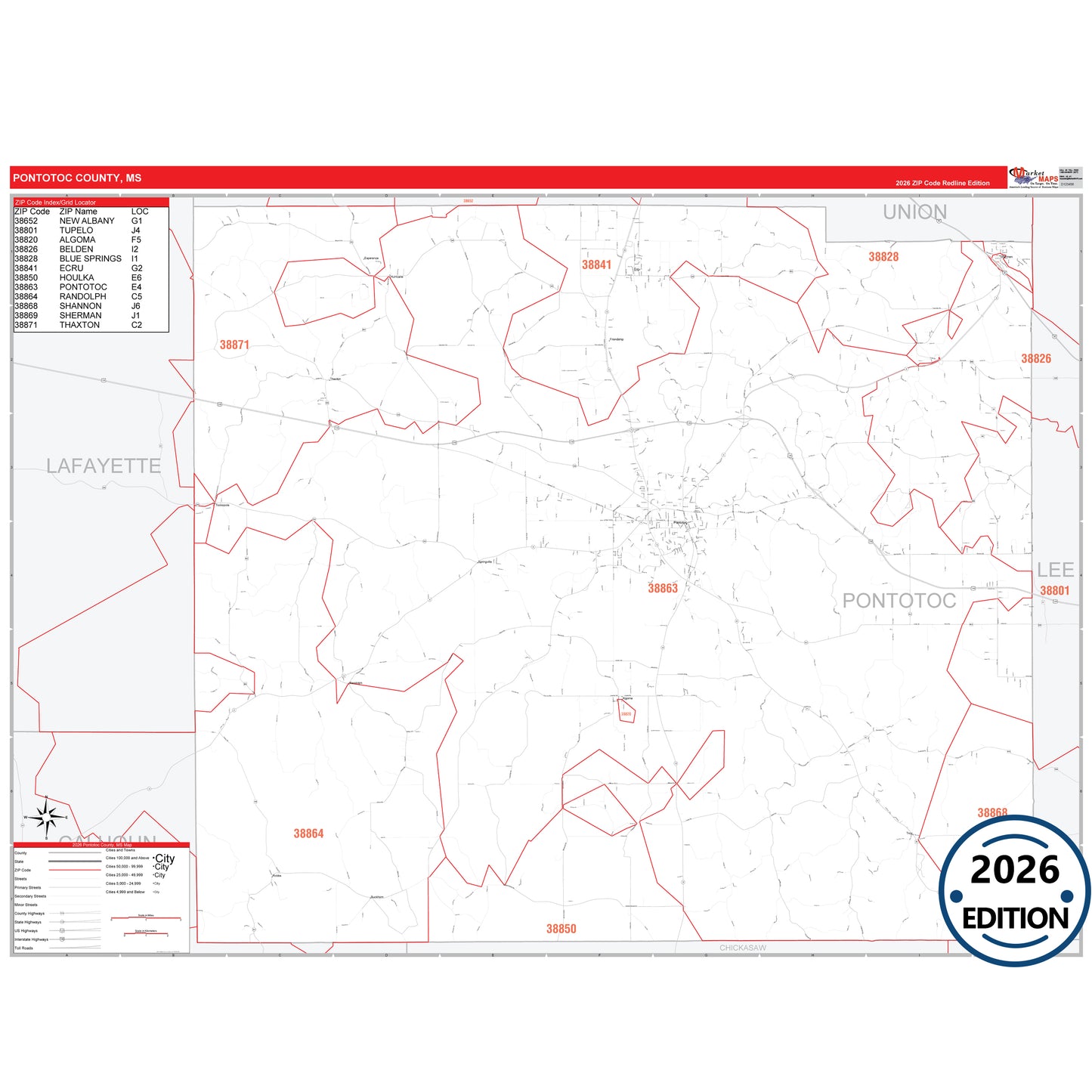Pontotoc County, MS Red Line 5 Digit ZIP Code Wall Map