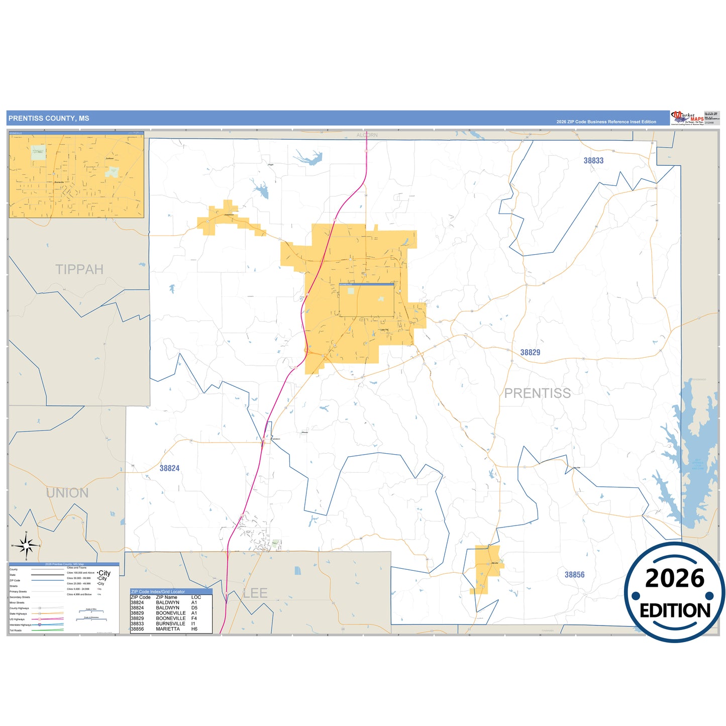 Prentiss County, MS Business Reference 5 Digit ZIP Code Wall Map