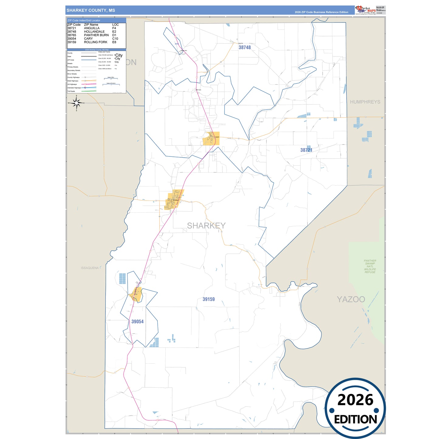 Sharkey County, MS Business Reference 5 Digit ZIP Code Wall Map