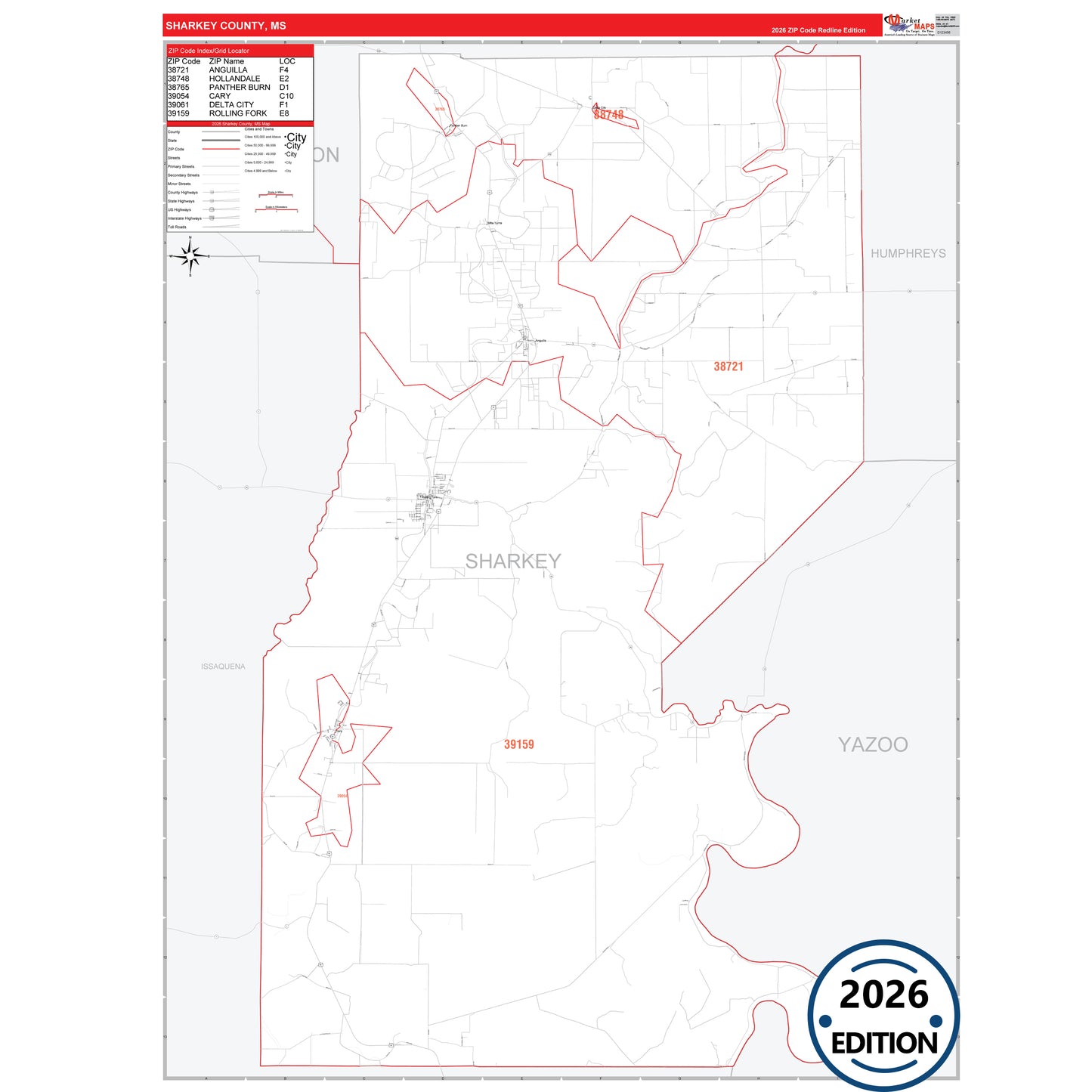 Sharkey County, MS Red Line 5 Digit ZIP Code Wall Map