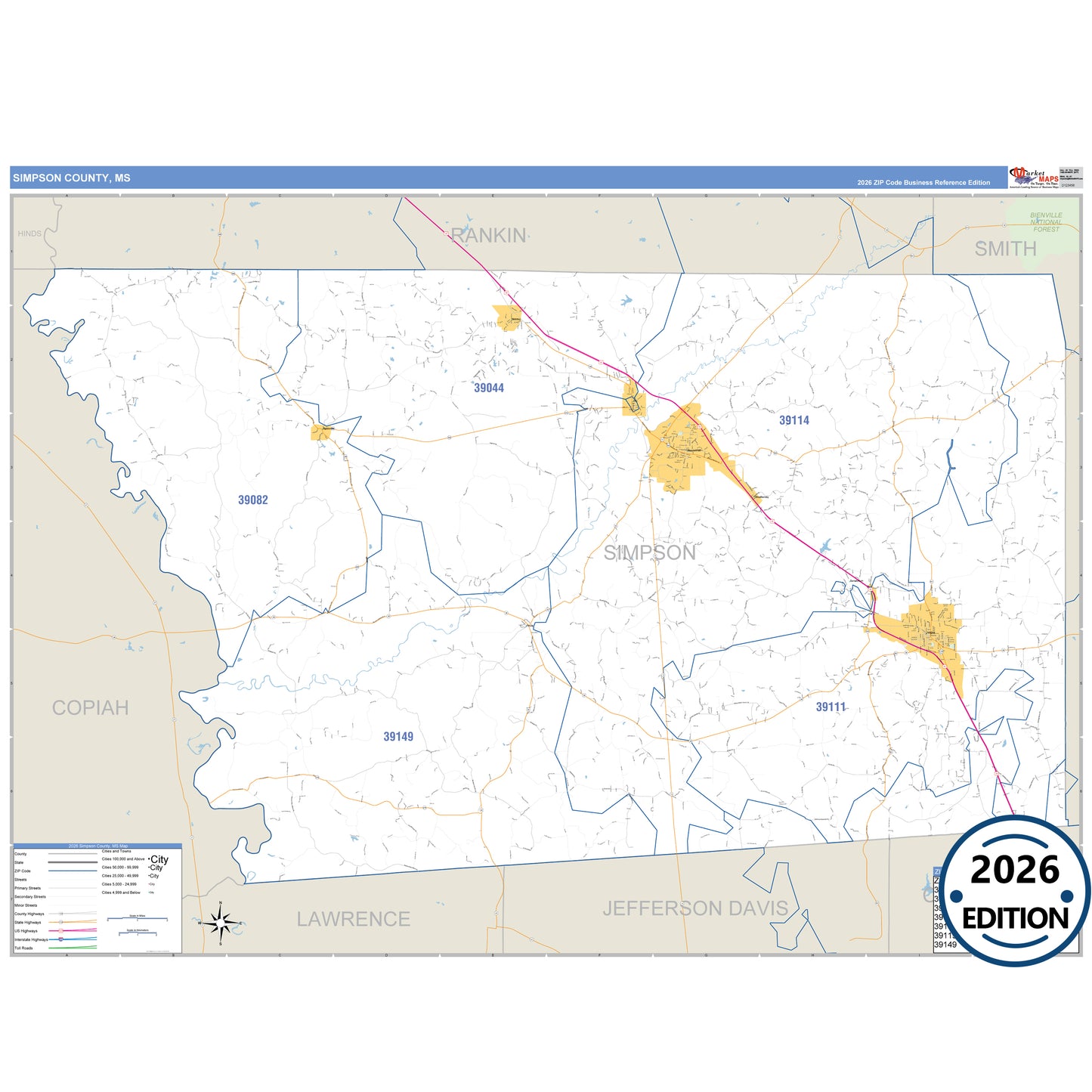 Simpson County, MS Business Reference 5 Digit ZIP Code Wall Map