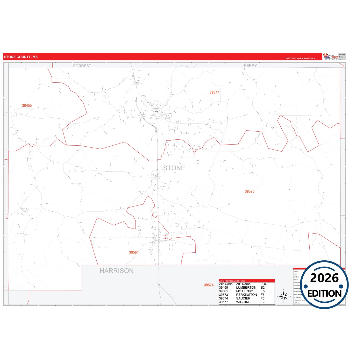 Stone County, MS Red Line 5 Digit ZIP Code Wall Map