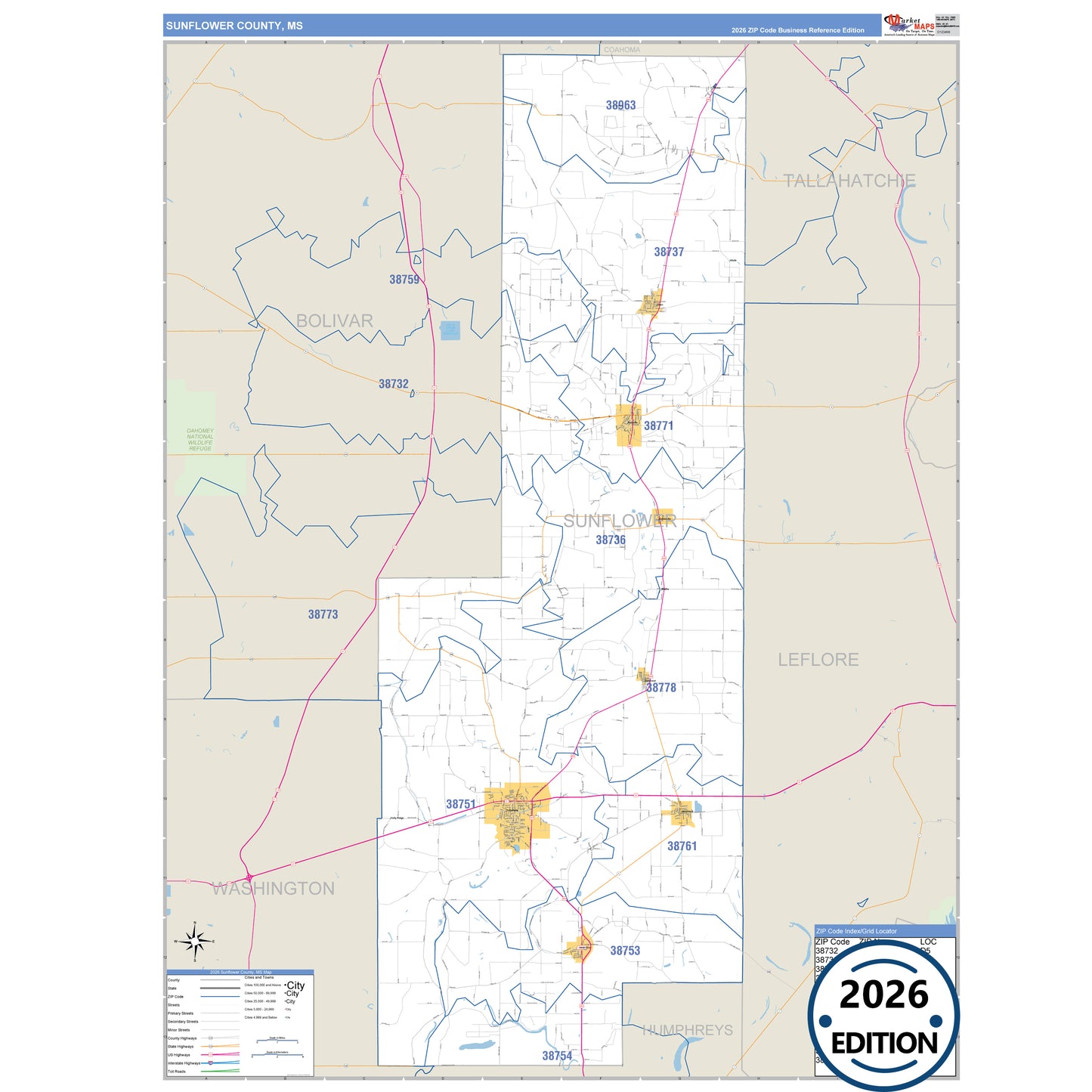 Sunflower County, MS Business Reference 5 Digit ZIP Code Wall Map