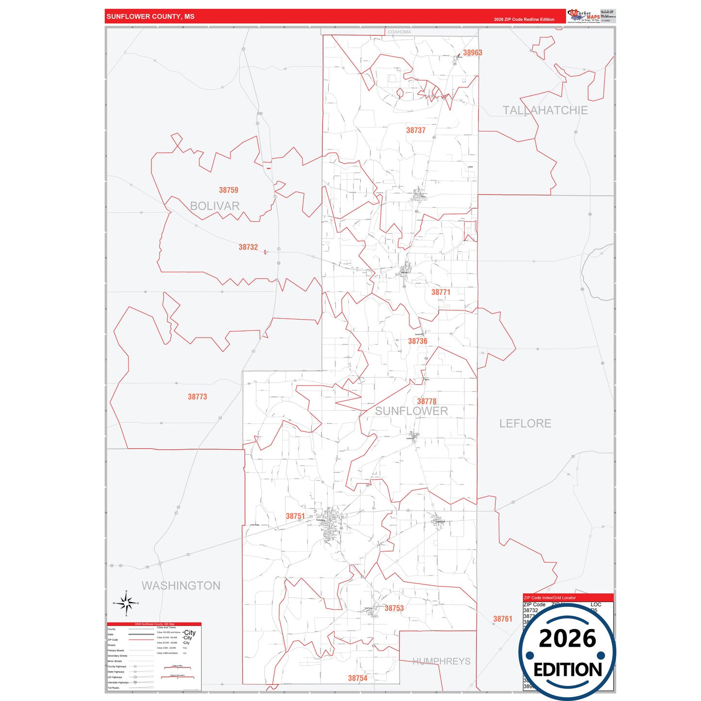 Sunflower County, MS Red Line 5 Digit ZIP Code Wall Map