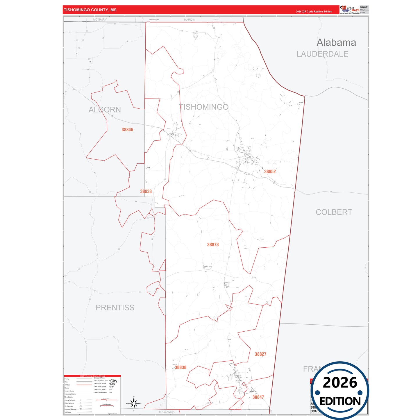 Tishomingo County, MS Red Line 5 Digit ZIP Code Wall Map