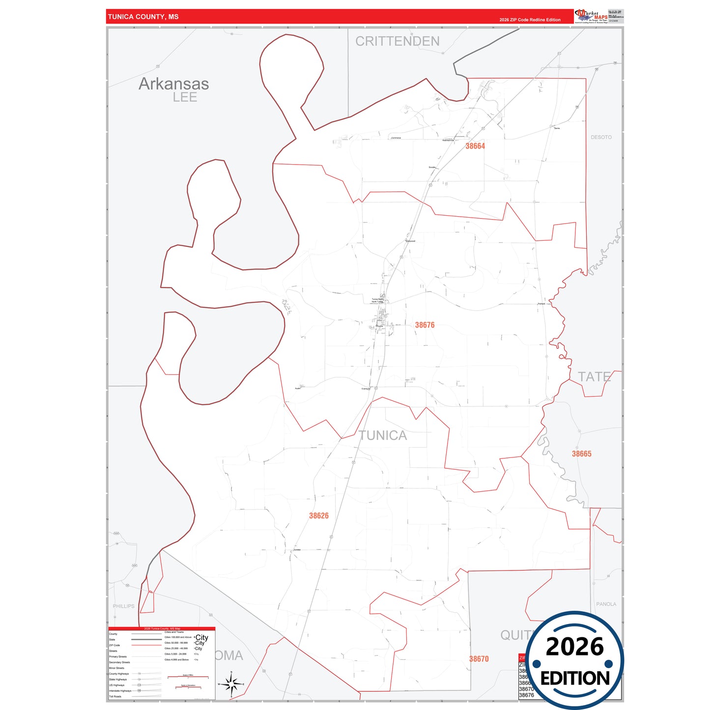 Tunica County, MS Red Line 5 Digit ZIP Code Wall Map