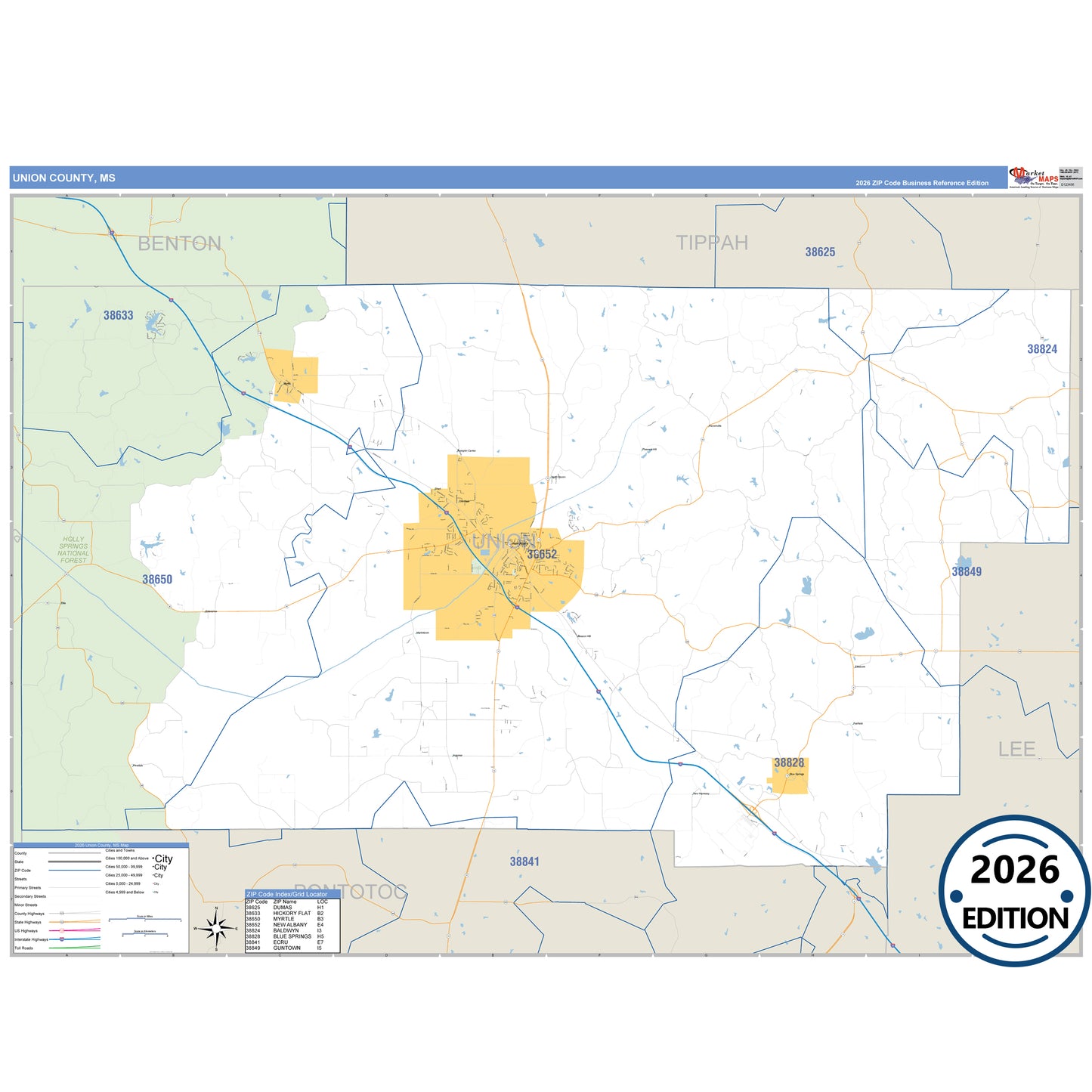 Union County, MS Business Reference 5 Digit ZIP Code Wall Map