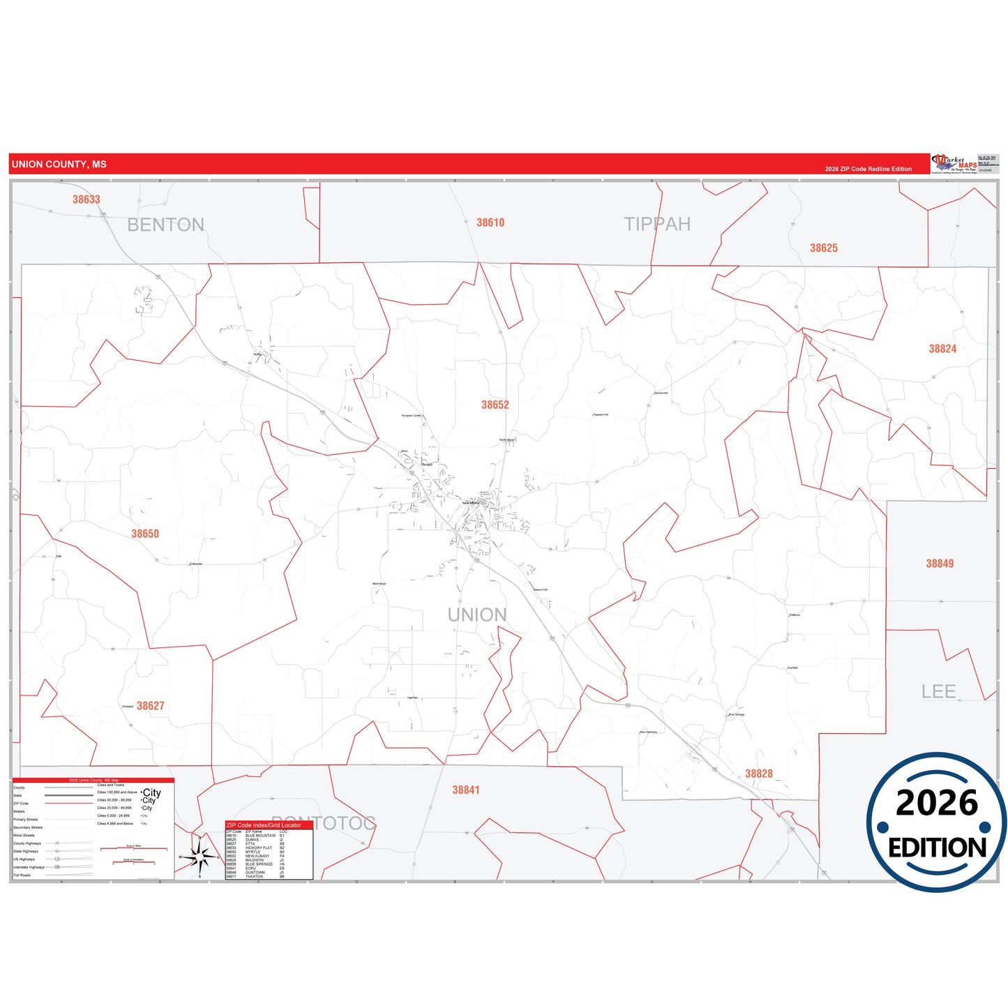 Union County, MS Red Line 5 Digit ZIP Code Wall Map