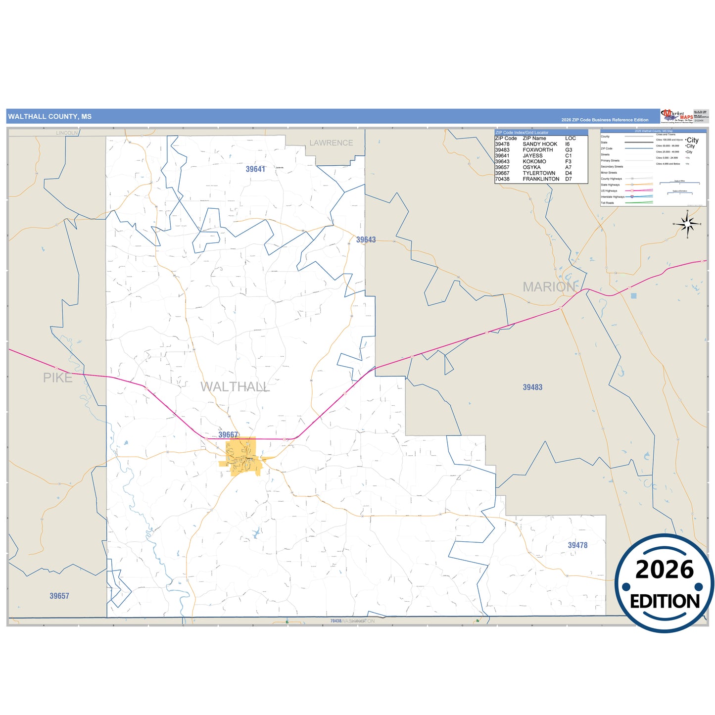 Walthall County, MS Business Reference 5 Digit ZIP Code Wall Map