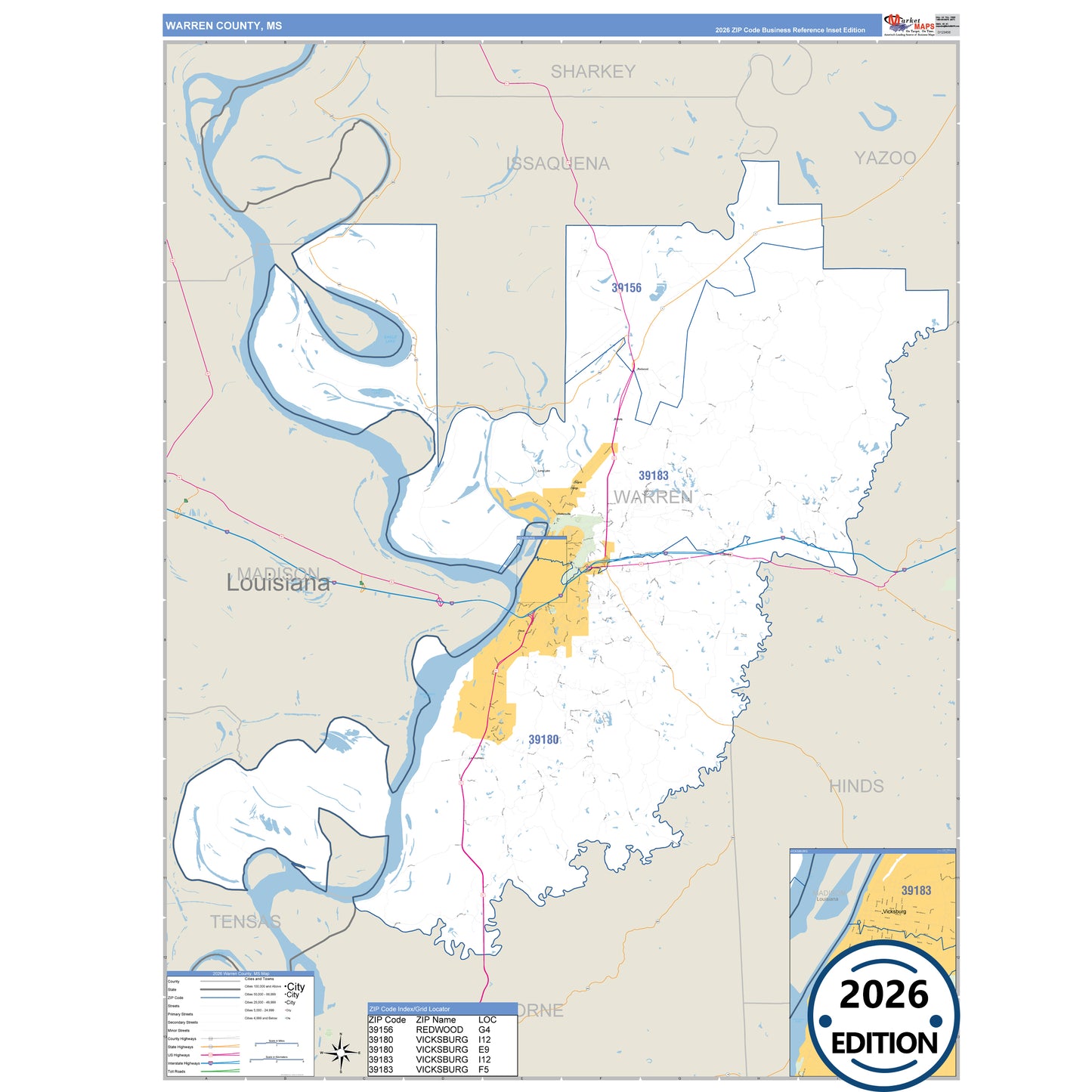 Warren County, MS Business Reference 5 Digit ZIP Code Wall Map