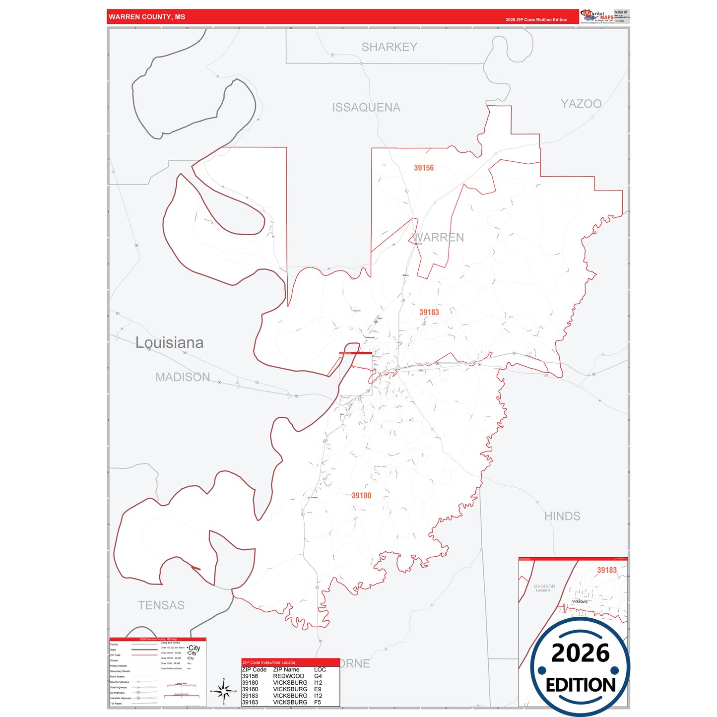Warren County, MS Red Line 5 Digit ZIP Code Wall Map