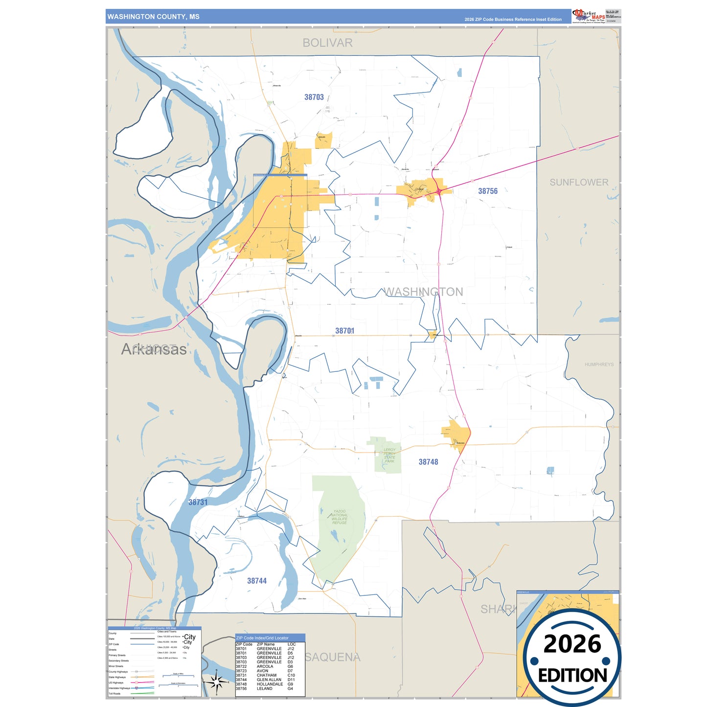 Washington County, MS Business Reference 5 Digit ZIP Code Wall Map