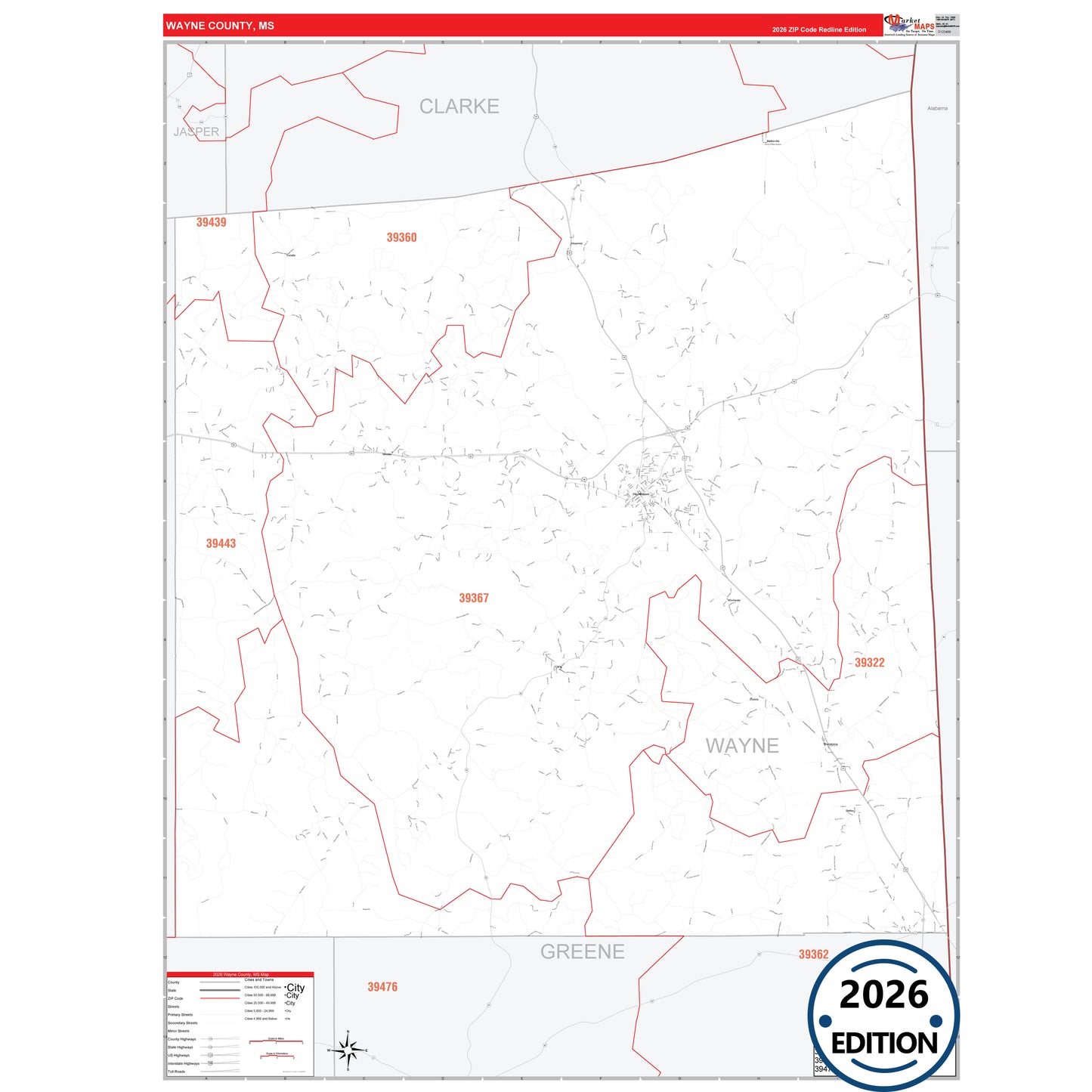 Wayne County, MS Red Line 5 Digit ZIP Code Wall Map