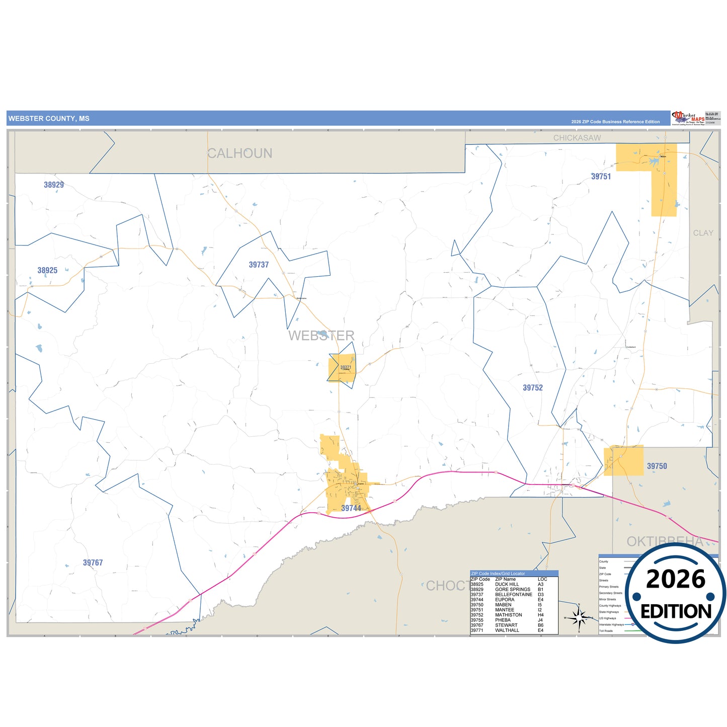 Webster County, MS Business Reference 5 Digit ZIP Code Wall Map
