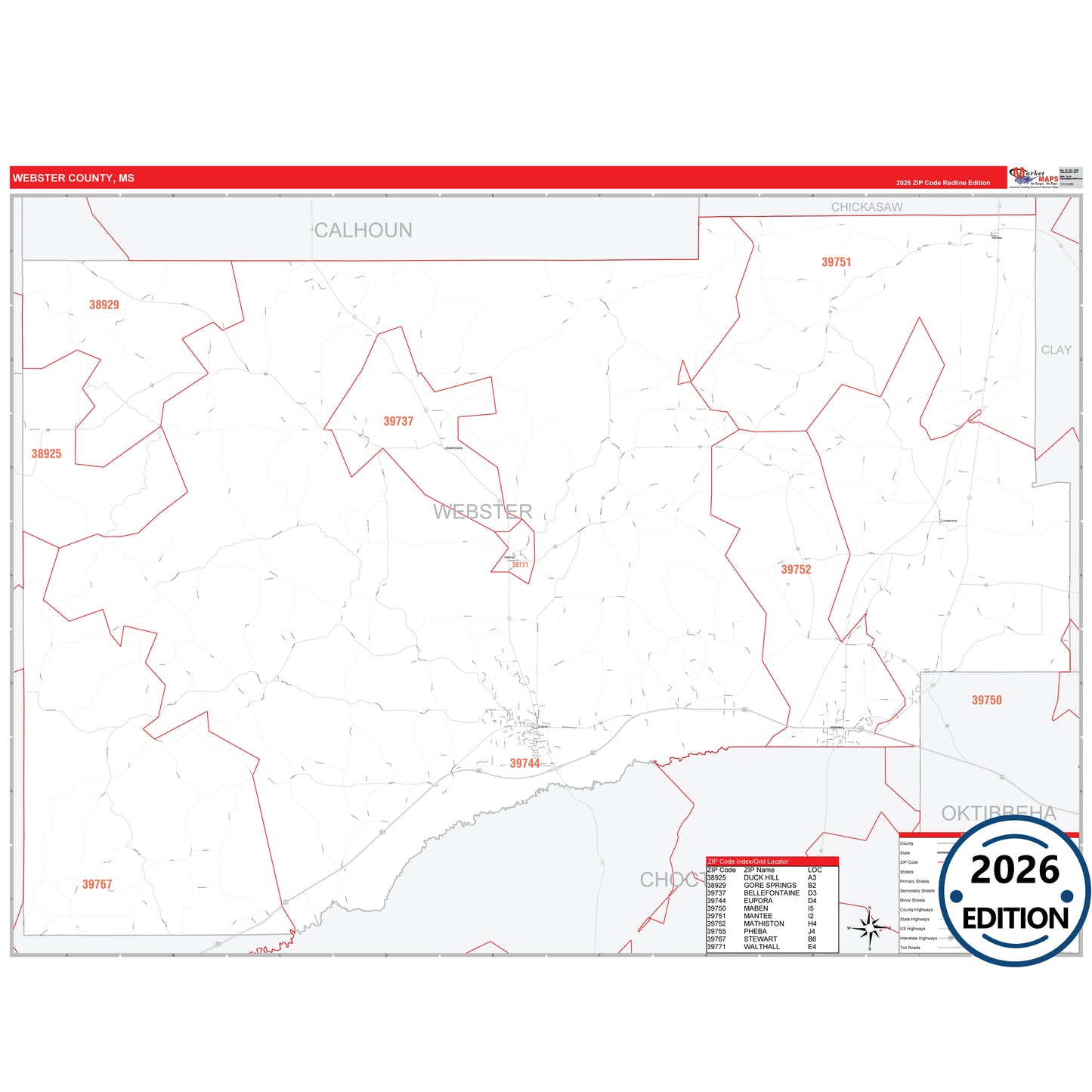 Webster County, MS Red Line map with detailed roads, cities, and ZIP code boundaries.