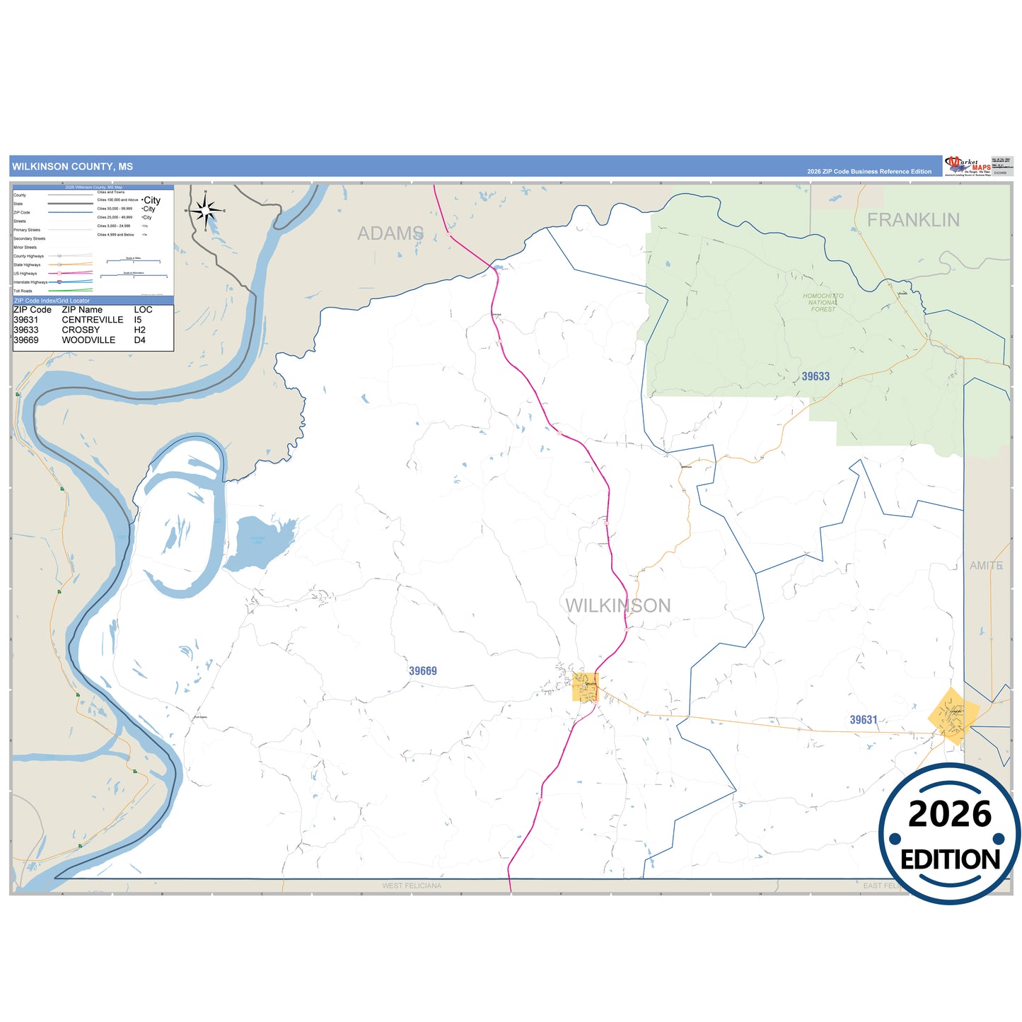 Wilkinson County, MS Business Reference 5 Digit ZIP Code Wall Map
