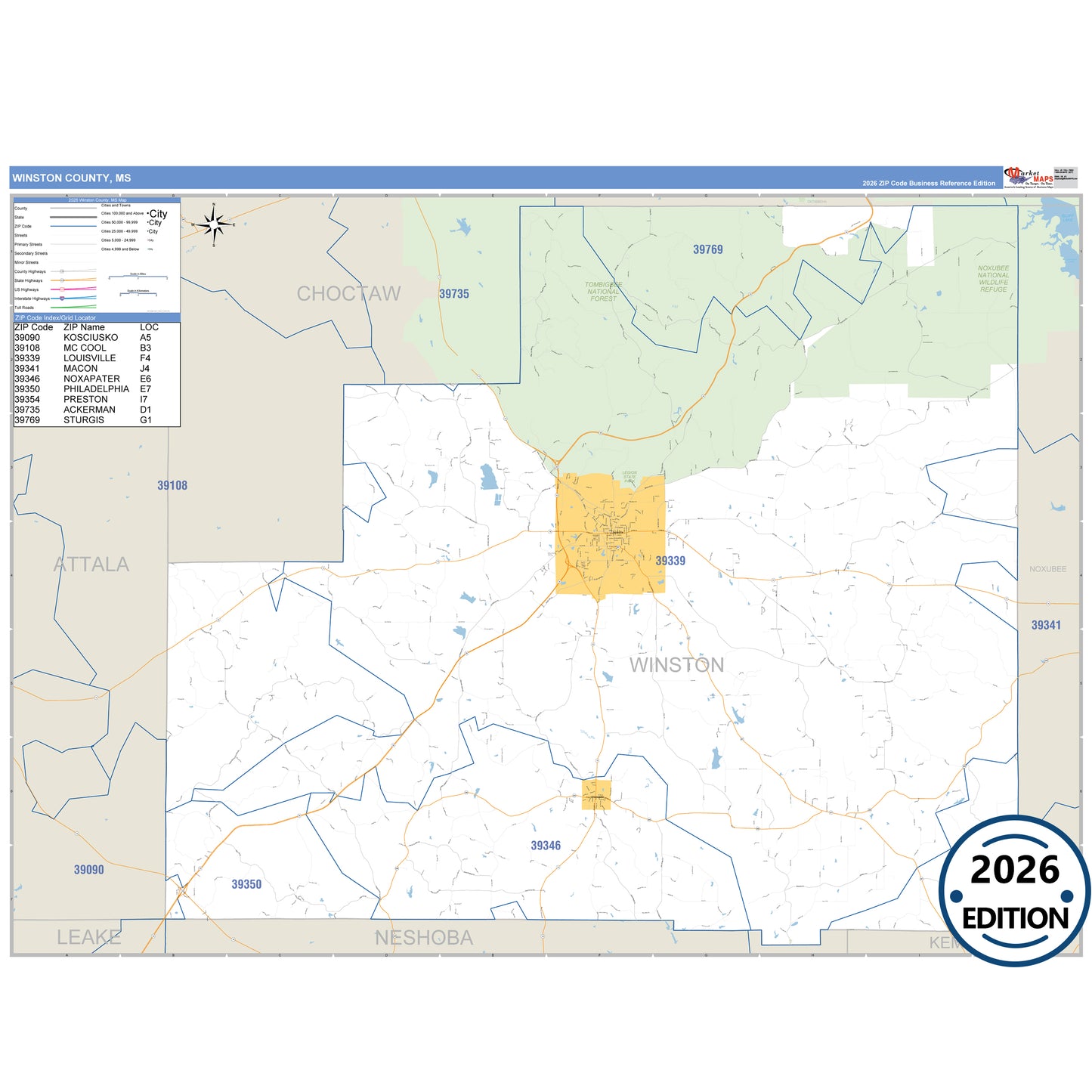 Winston County, MS Business Reference map with detailed roads, cities, and ZIP code boundaries.