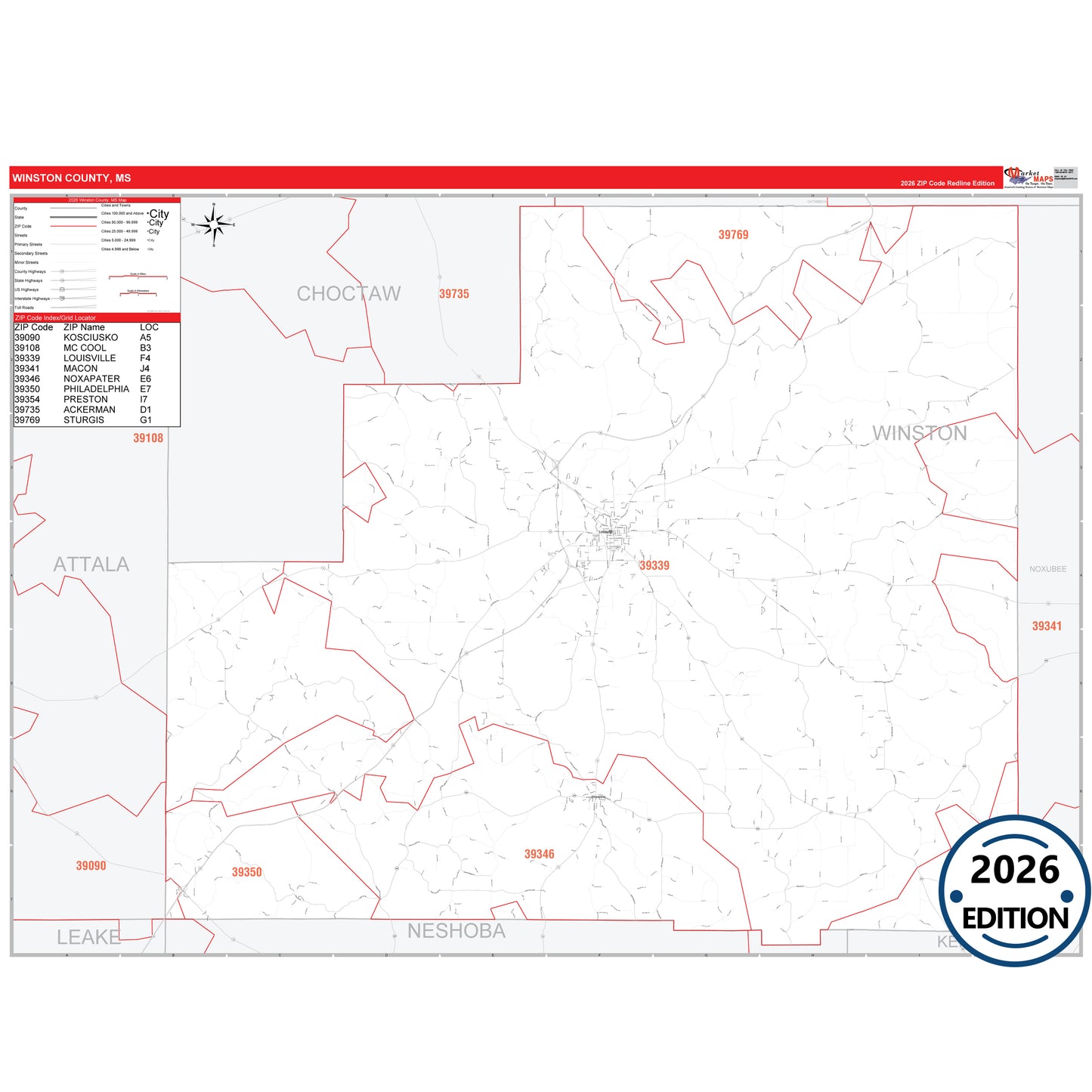 Winston County, MS Red Line 5 Digit ZIP Code Wall Map