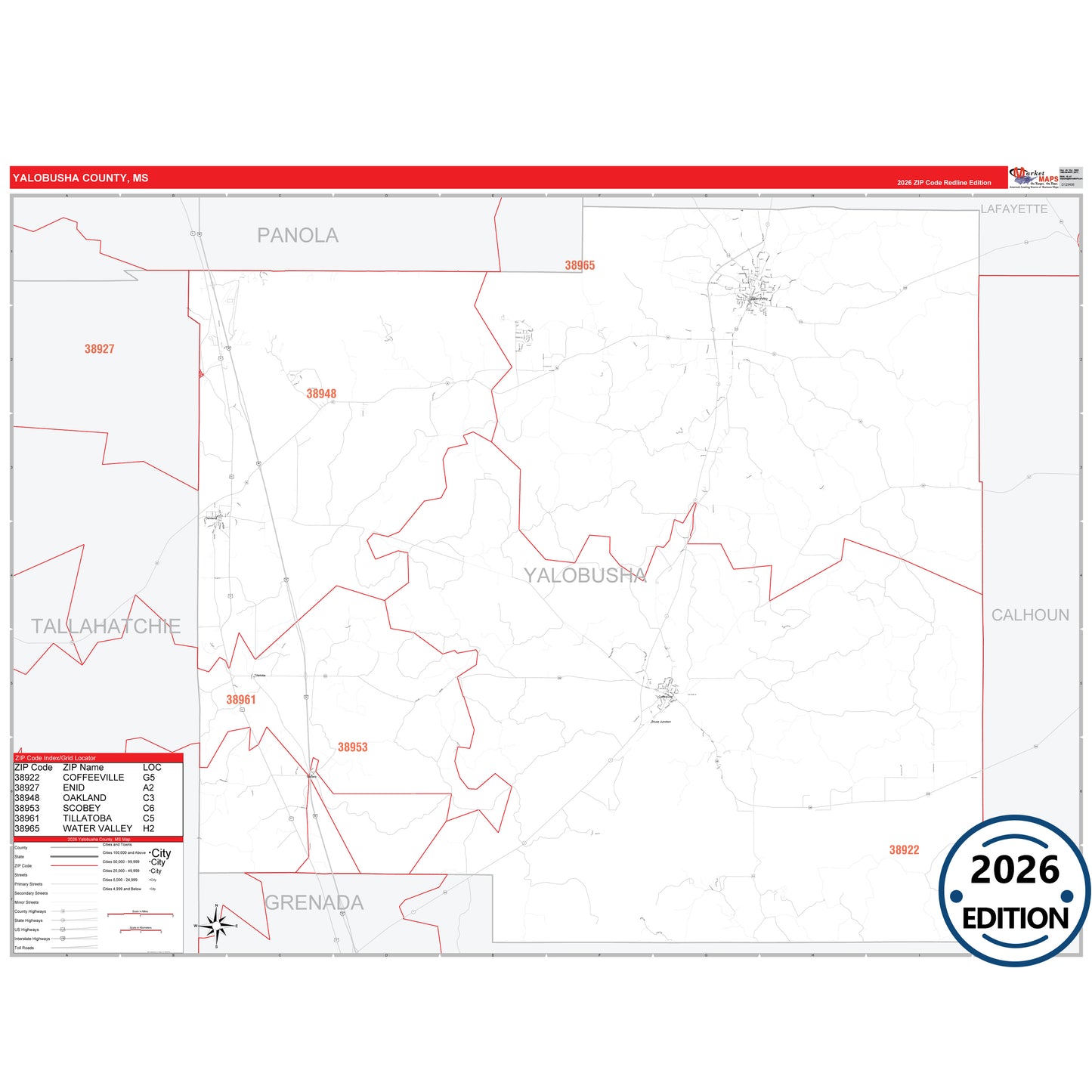 Yalobusha County, MS Red Line 5 Digit ZIP Code Wall Map