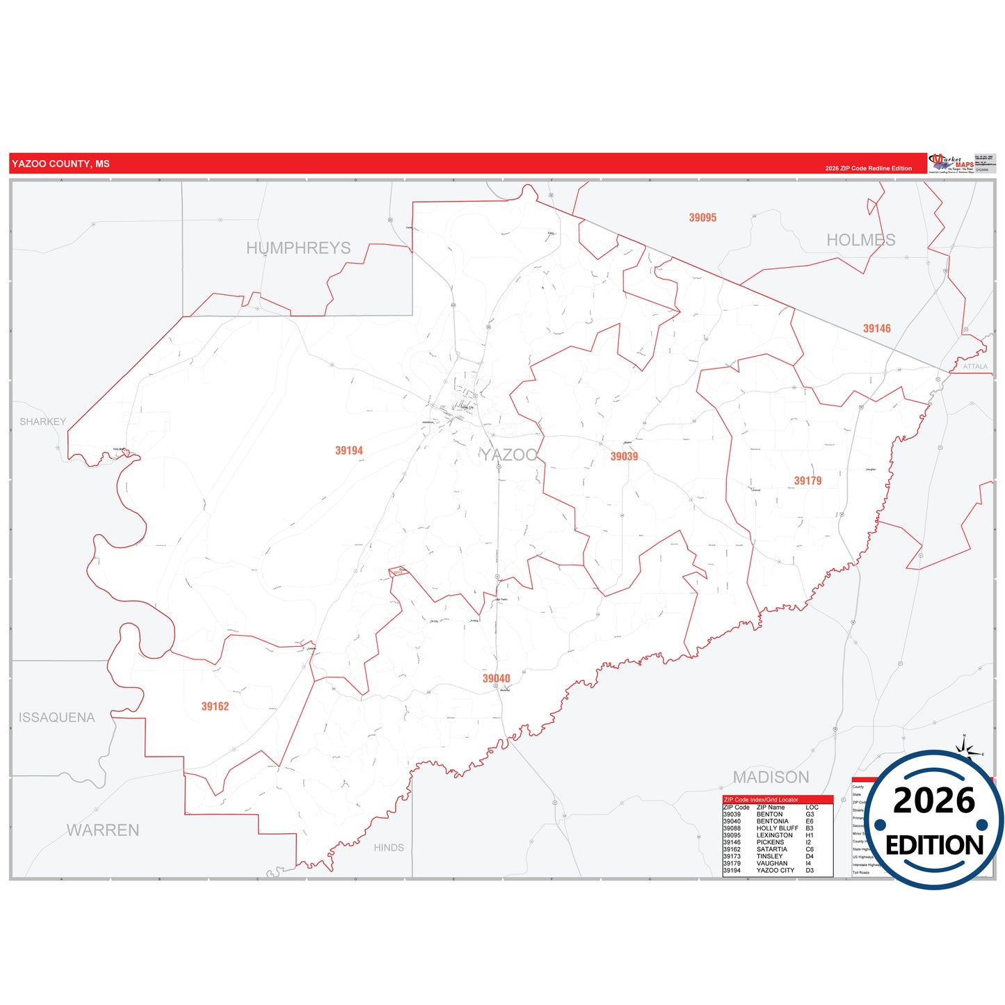Yazoo County, MS Red Line 5 Digit ZIP Code Wall Map