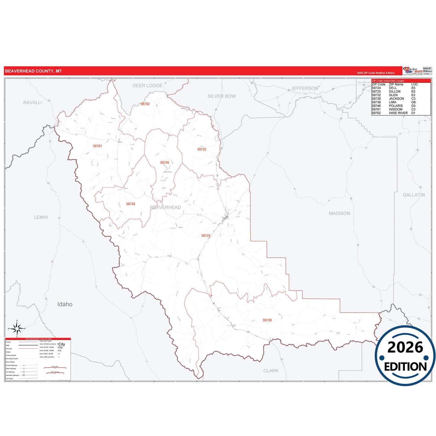 Beaverhead County, MT Red Line 5 Digit ZIP Code Wall Map