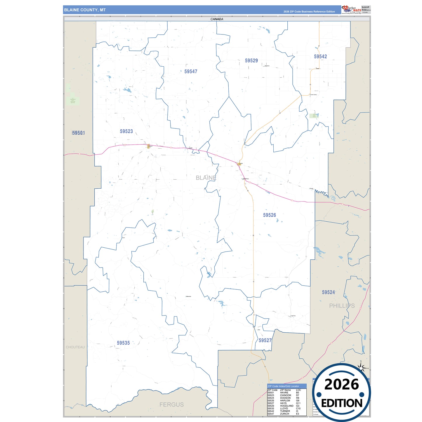 Blaine County, MT Business Reference 5 Digit ZIP Code Wall Map