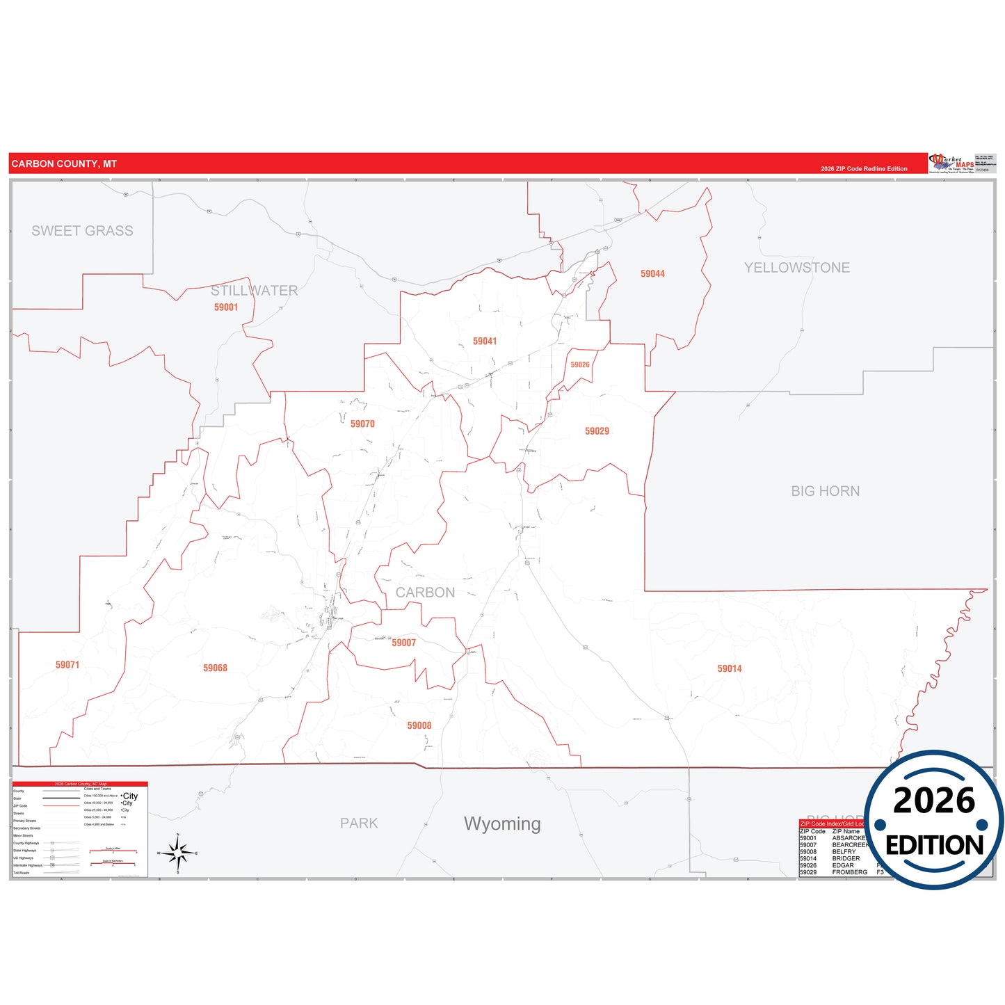 Carbon County, MT Red Line 5 Digit ZIP Code Wall Map