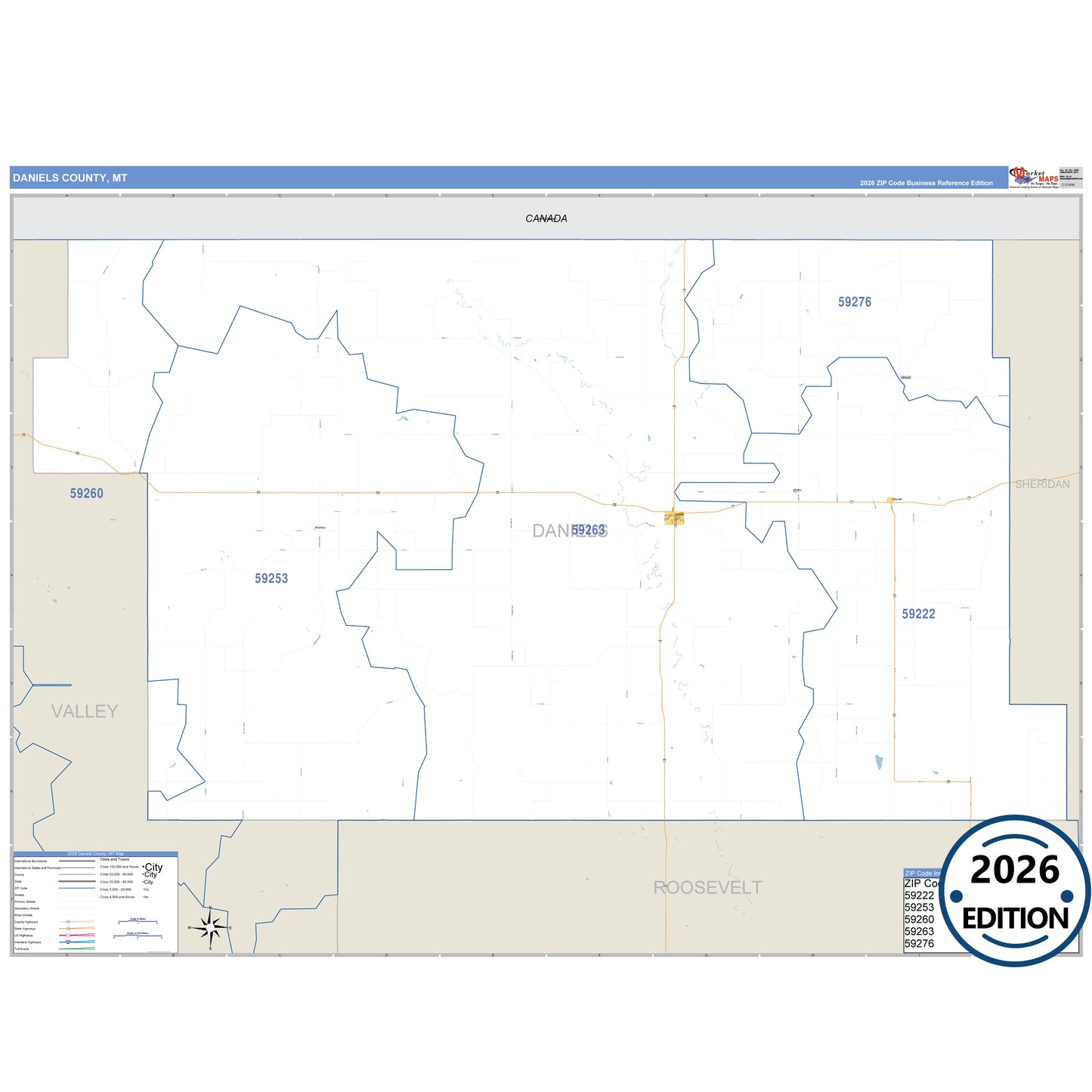 Daniels County, MT Business Reference 5 Digit ZIP Code Wall Map