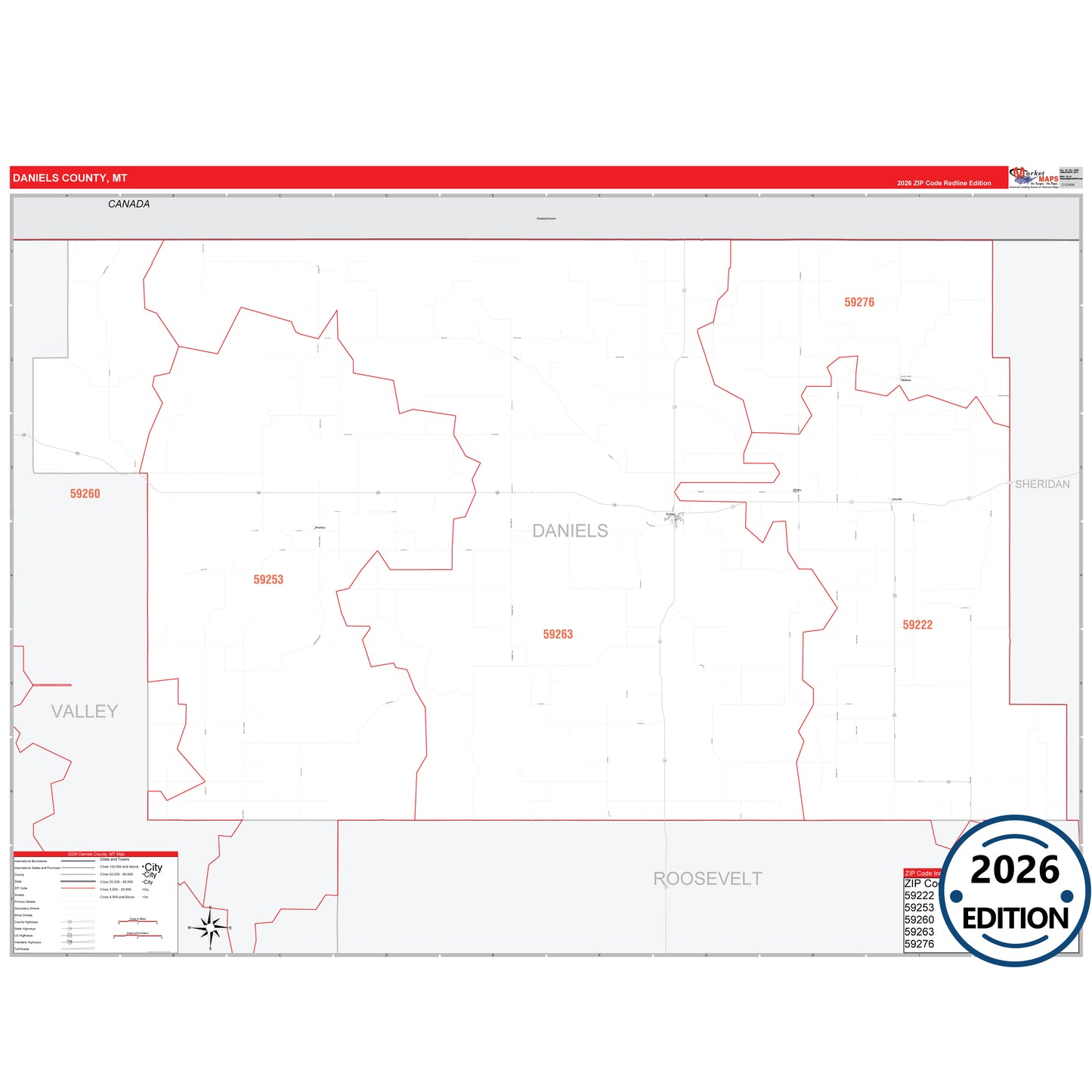 Daniels County, MT Red Line 5 Digit ZIP Code Wall Map