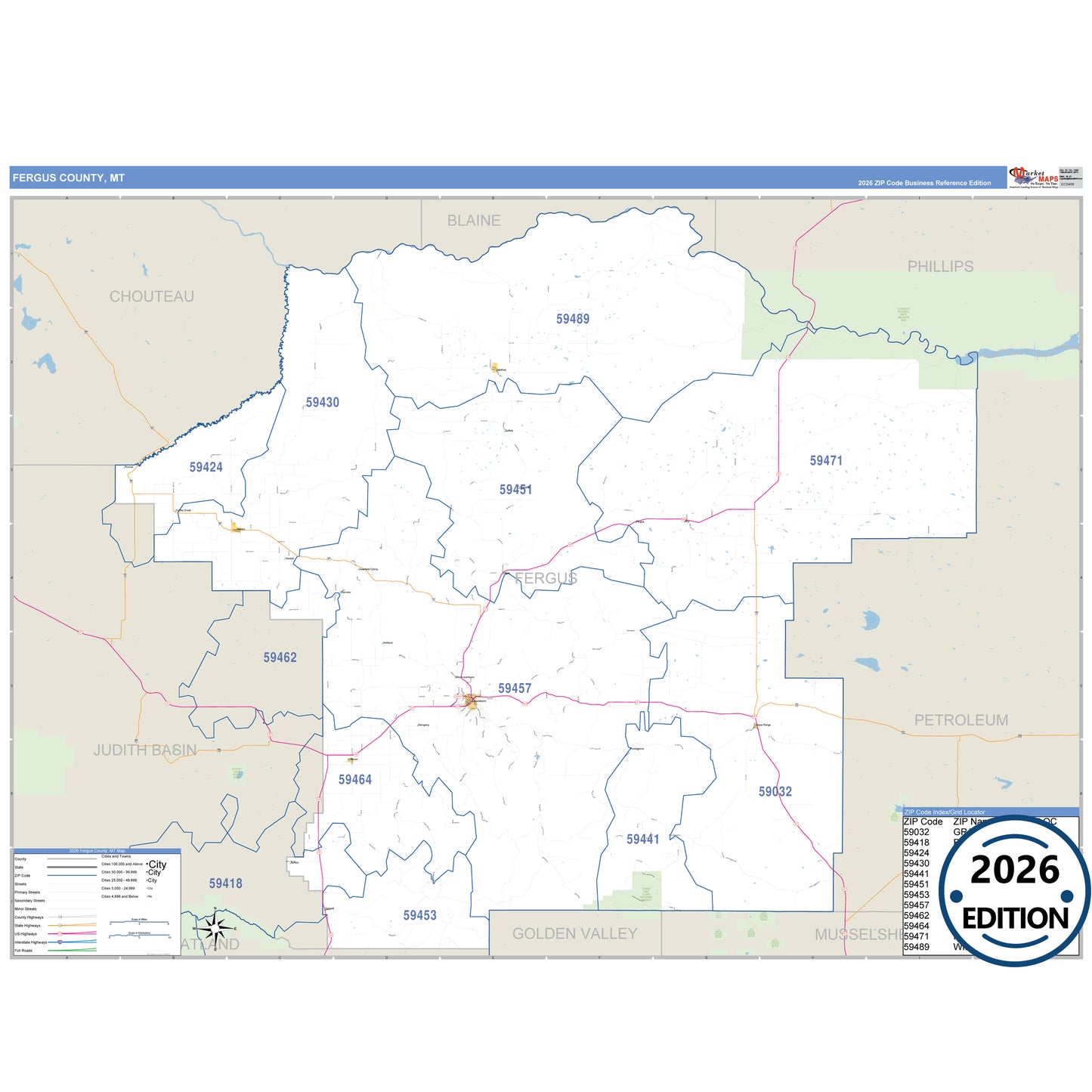 Fergus County, MT Business Reference 5 Digit ZIP Code Wall Map