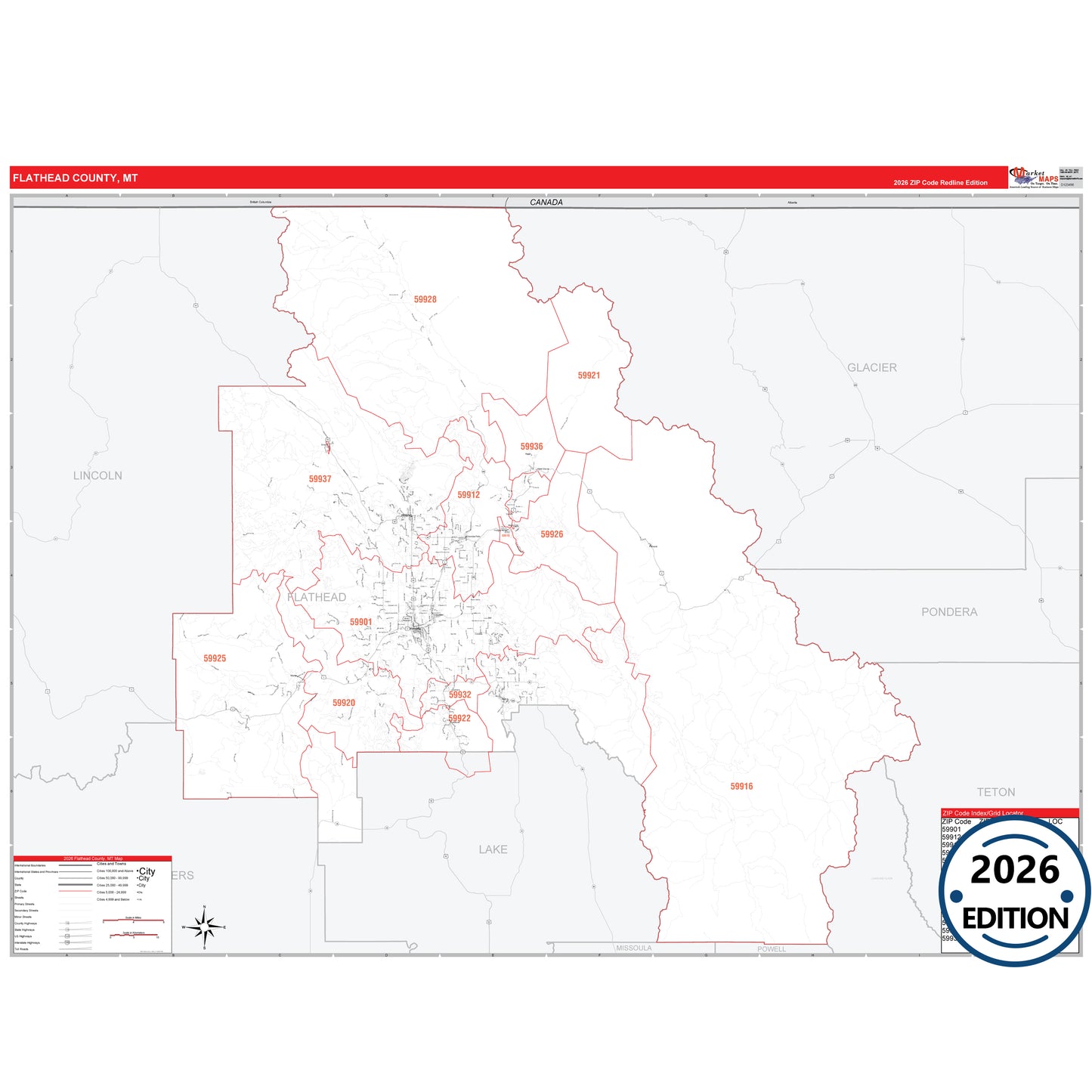 Flathead County, MT Red Line 5 Digit ZIP Code Wall Map