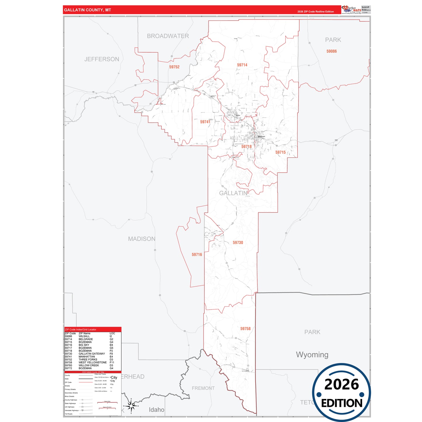 Gallatin County, MT Red Line 5 Digit ZIP Code Wall Map
