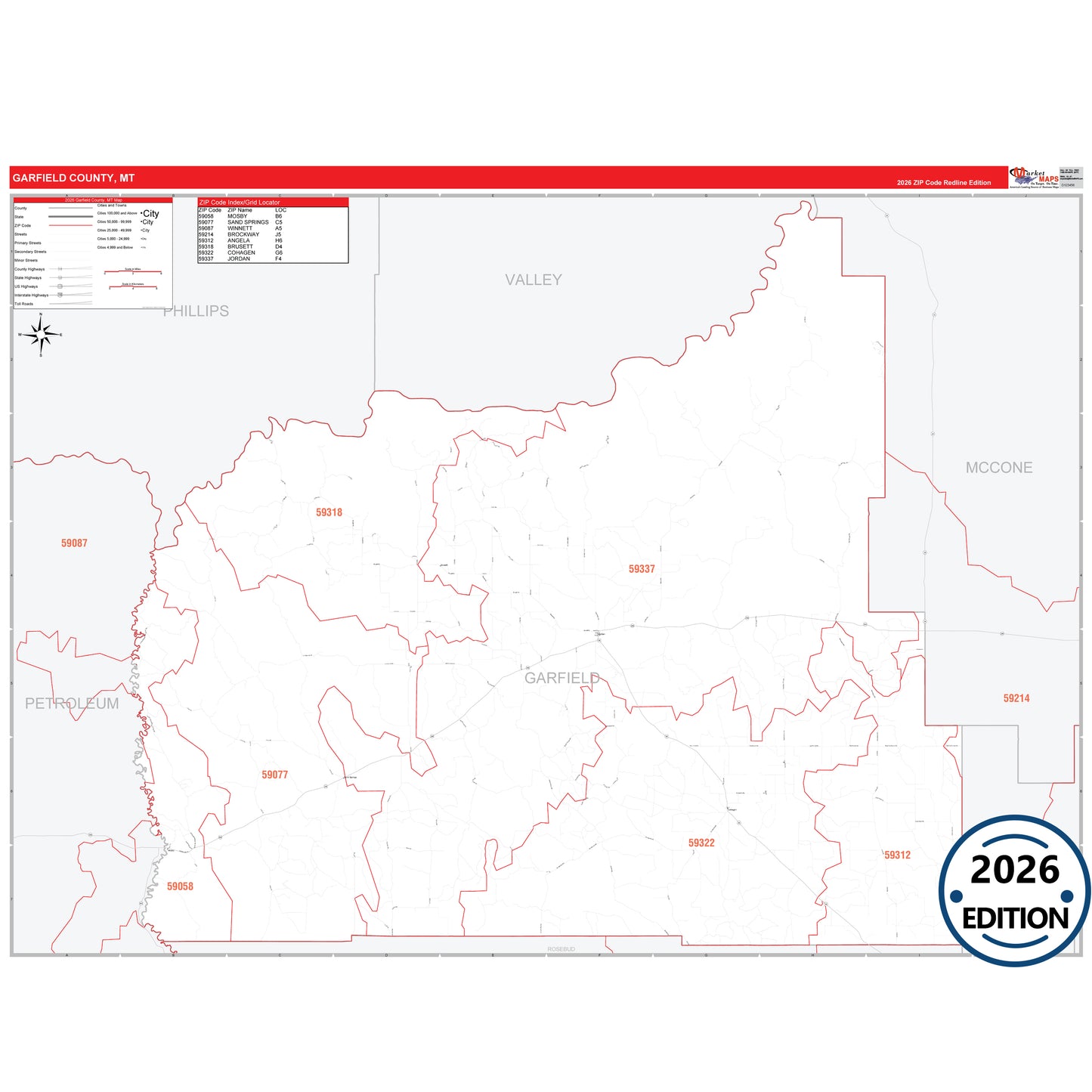 Garfield County, MT Red Line 5 Digit ZIP Code Wall Map