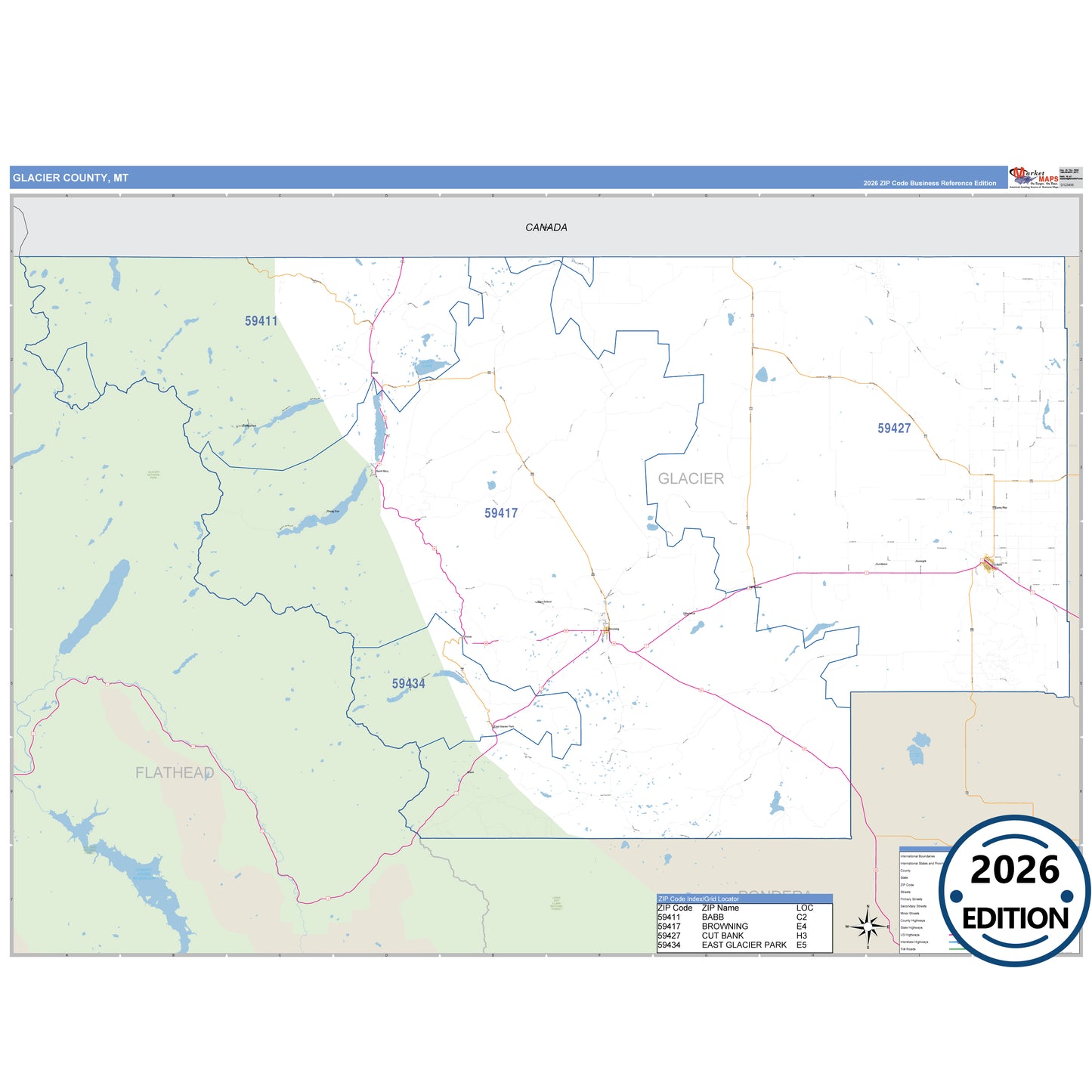 Glacier County, MT Business Reference 5 Digit ZIP Code Wall Map