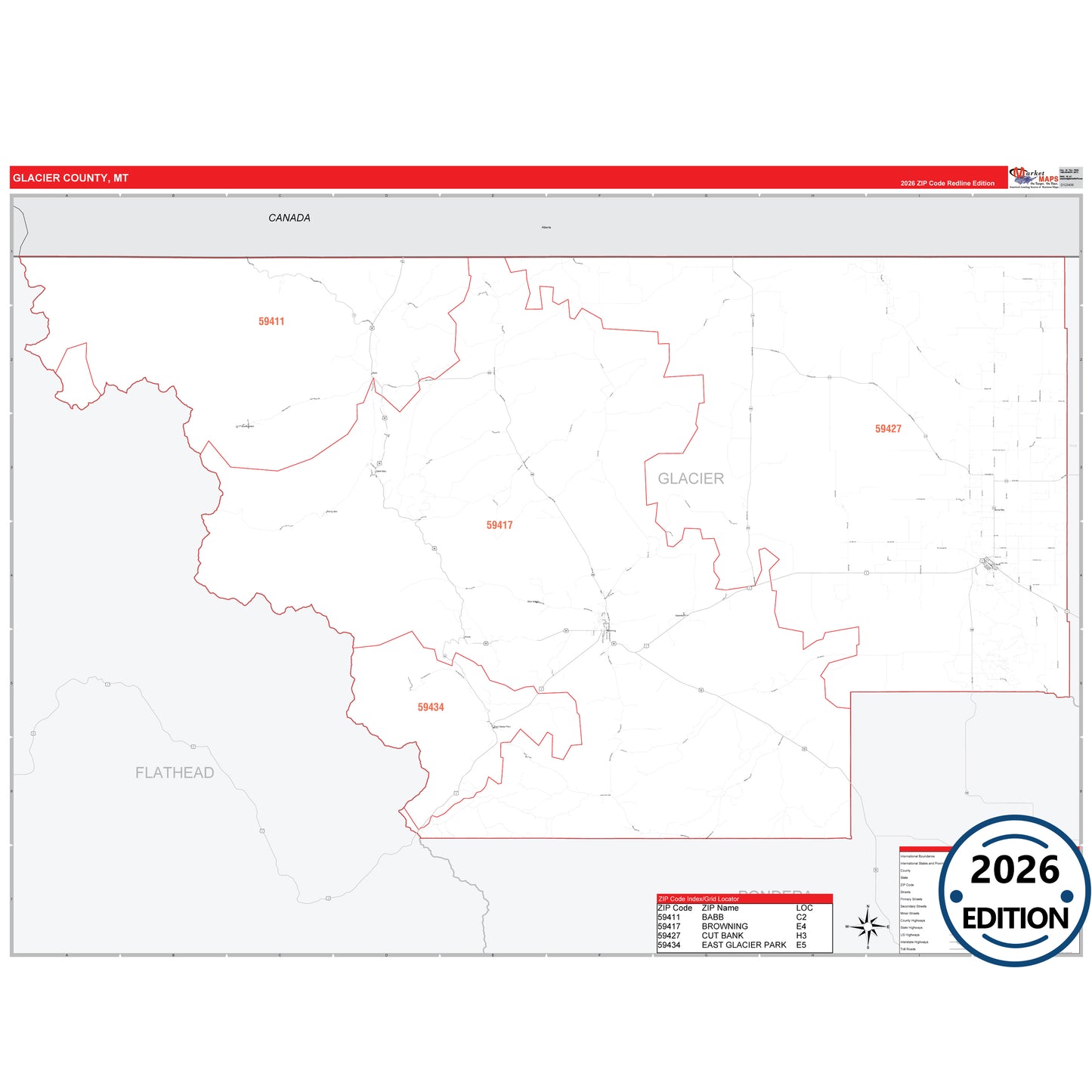Glacier County, MT Red Line 5 Digit ZIP Code Wall Map
