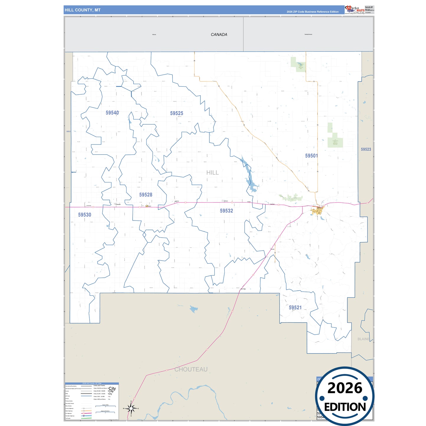 Hill County, MT Business Reference 5 Digit ZIP Code Wall Map