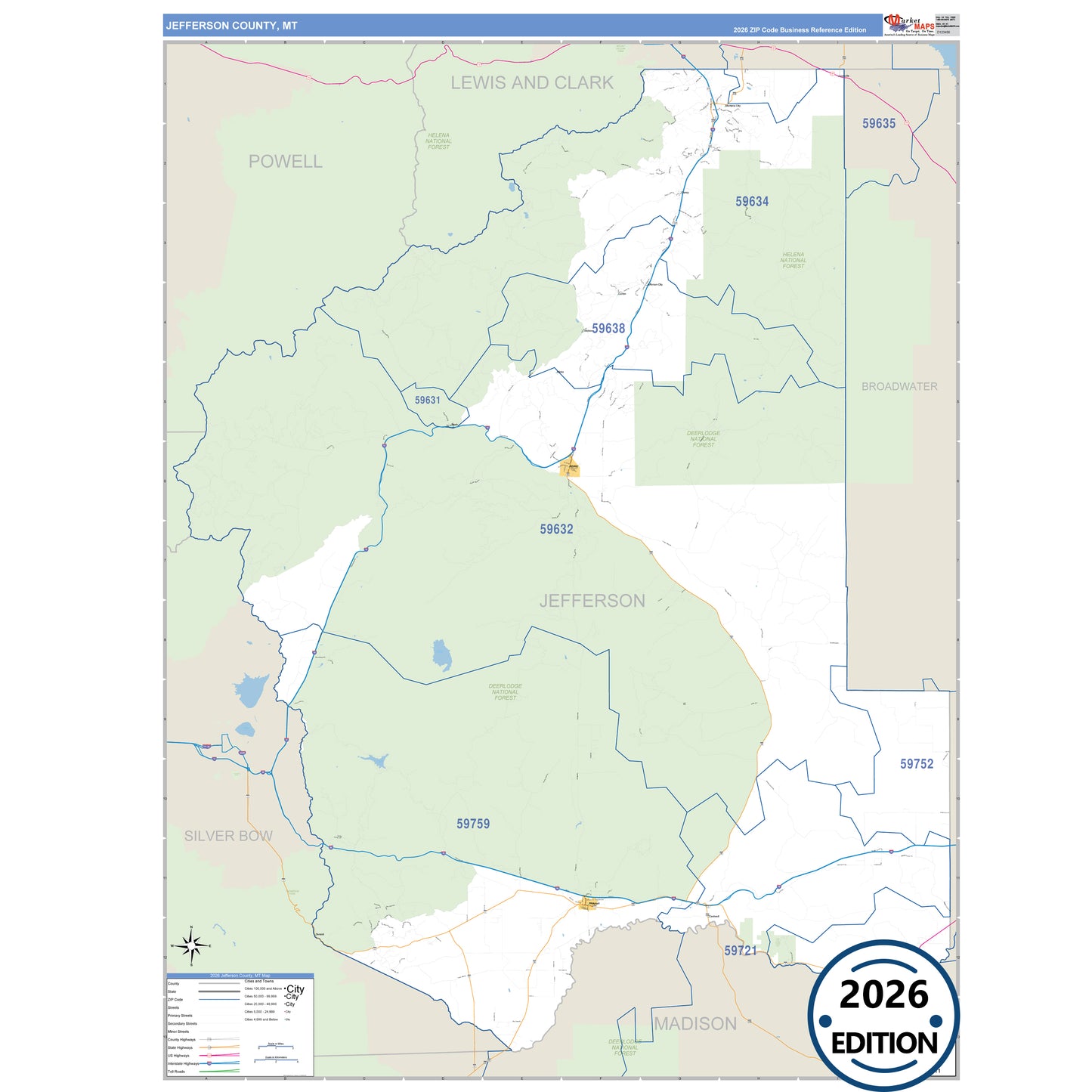 Jefferson County, MT Business Reference 5 Digit ZIP Code Wall Map