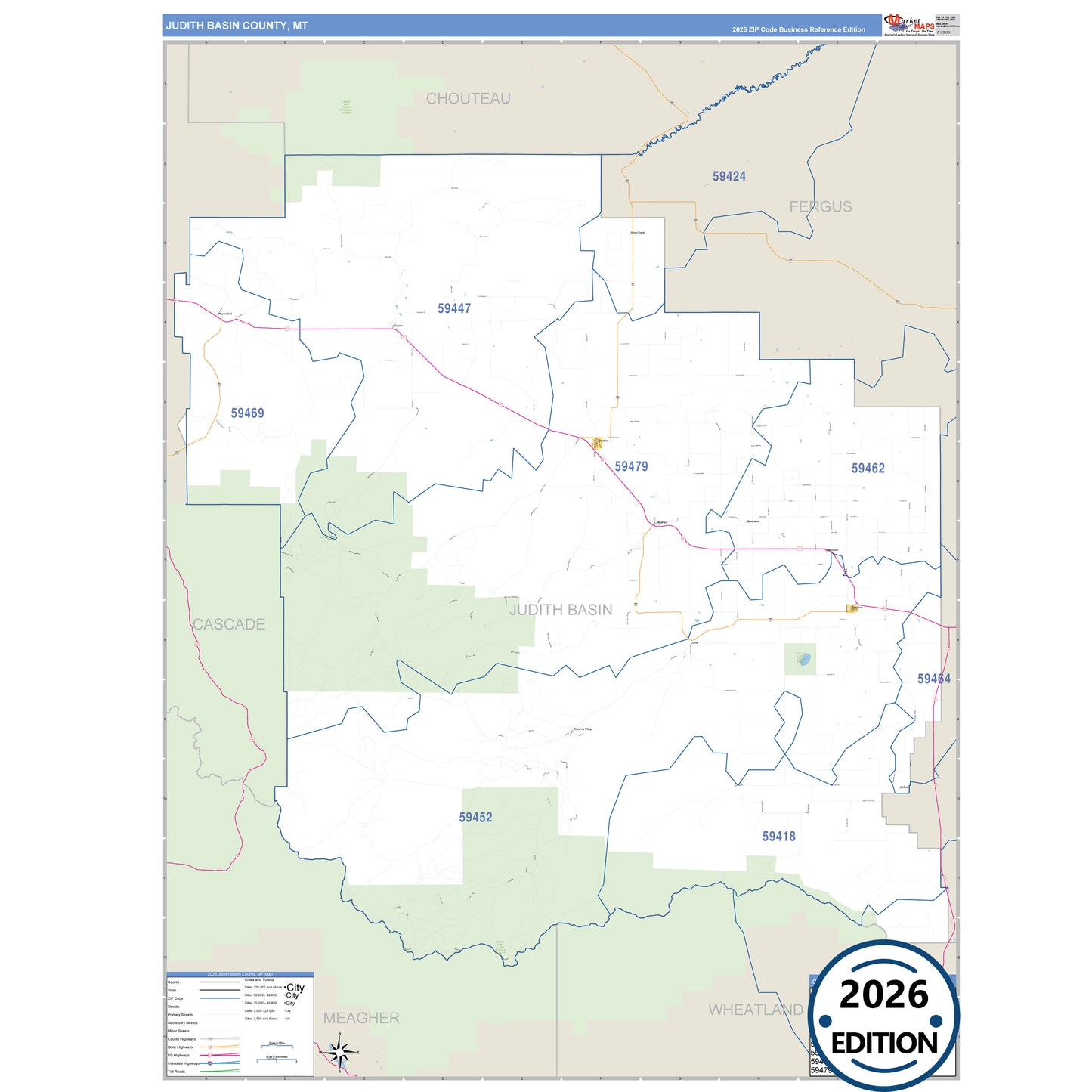Judith Basin County, MT Business Reference 5 Digit ZIP Code Wall Map