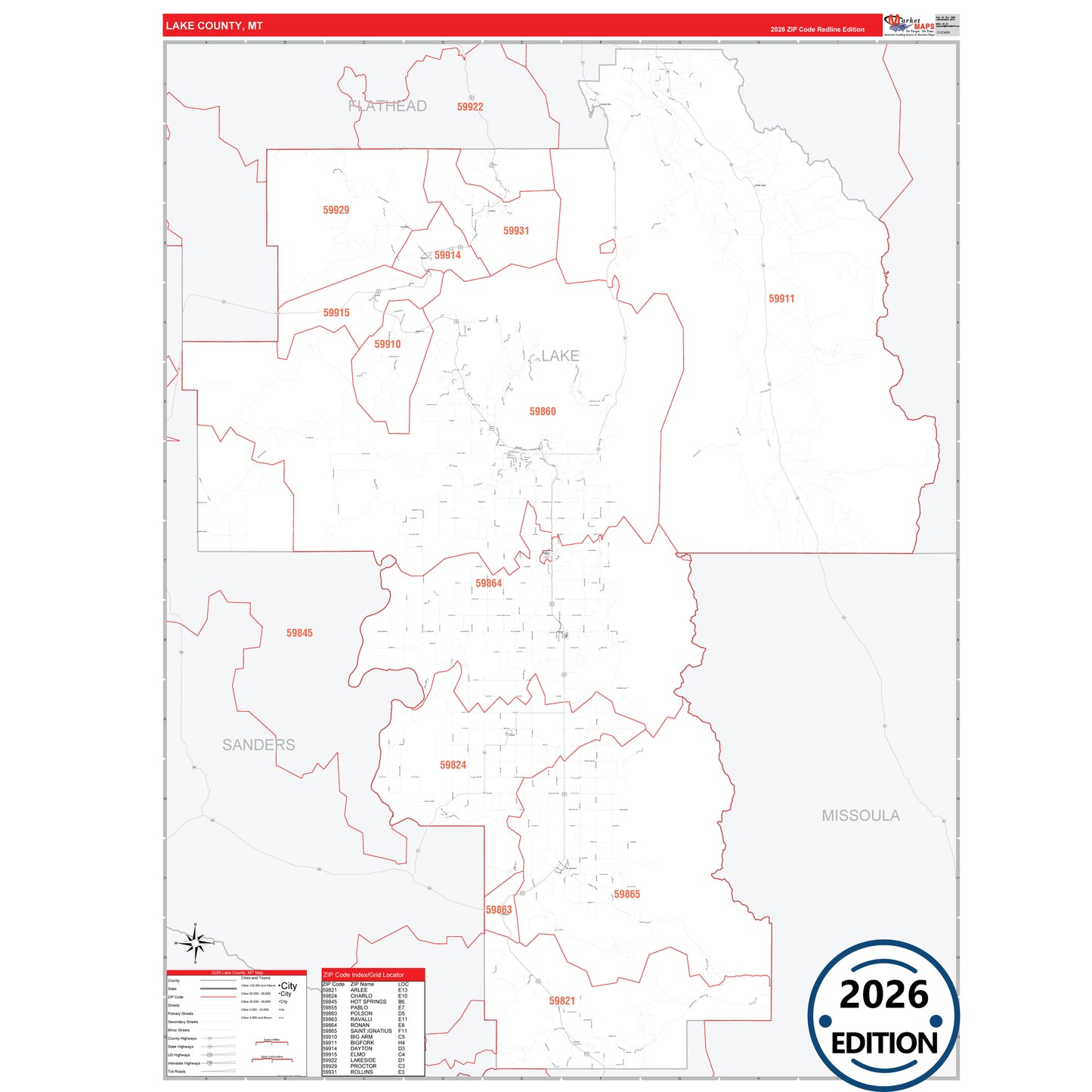 Lake County, MT Red Line 5 Digit ZIP Code Wall Map